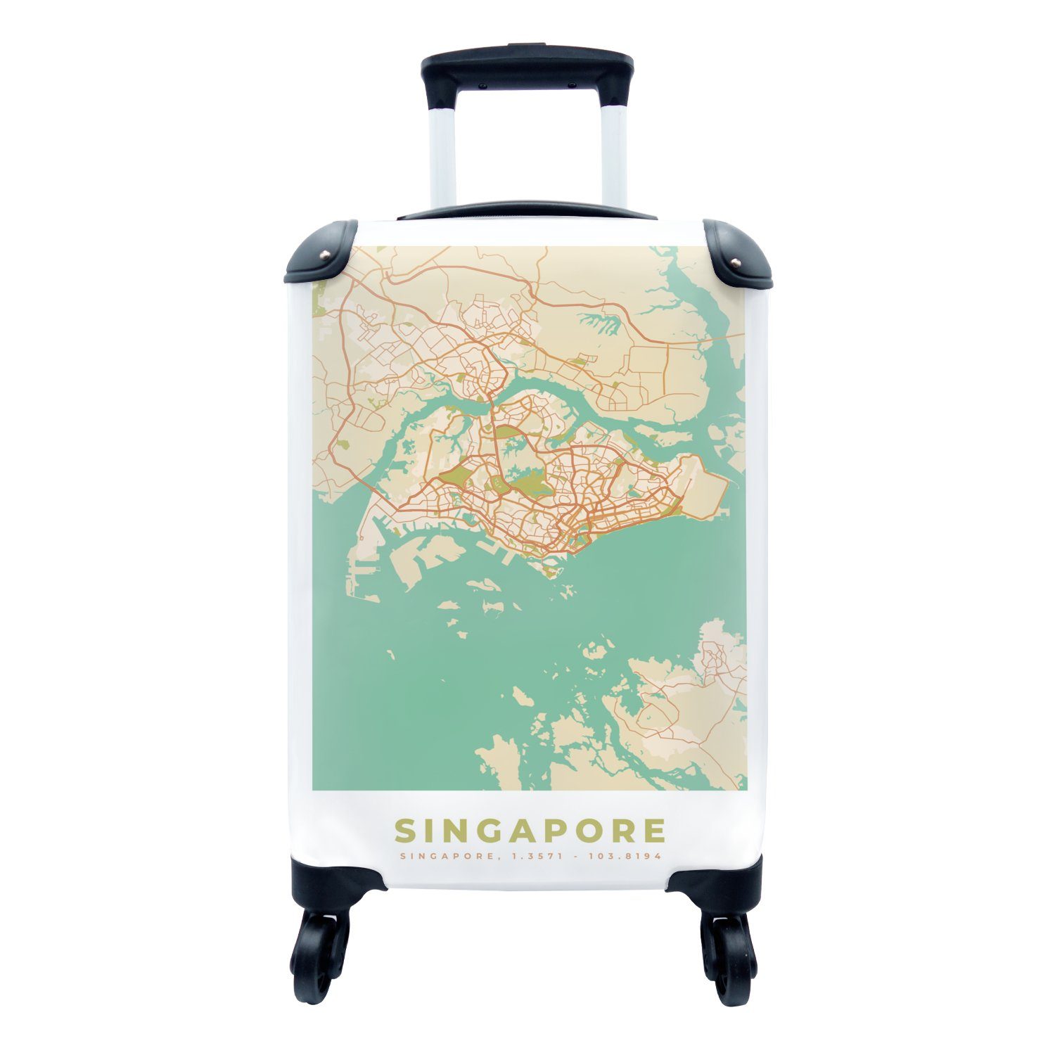MuchoWow Handgepäckkoffer Singapur - Karte - Stadtplan - Vintage - Karte, 4 Rollen, Reisetasche mit rollen, Handgepäck für Ferien, Trolley, Reisekoffer