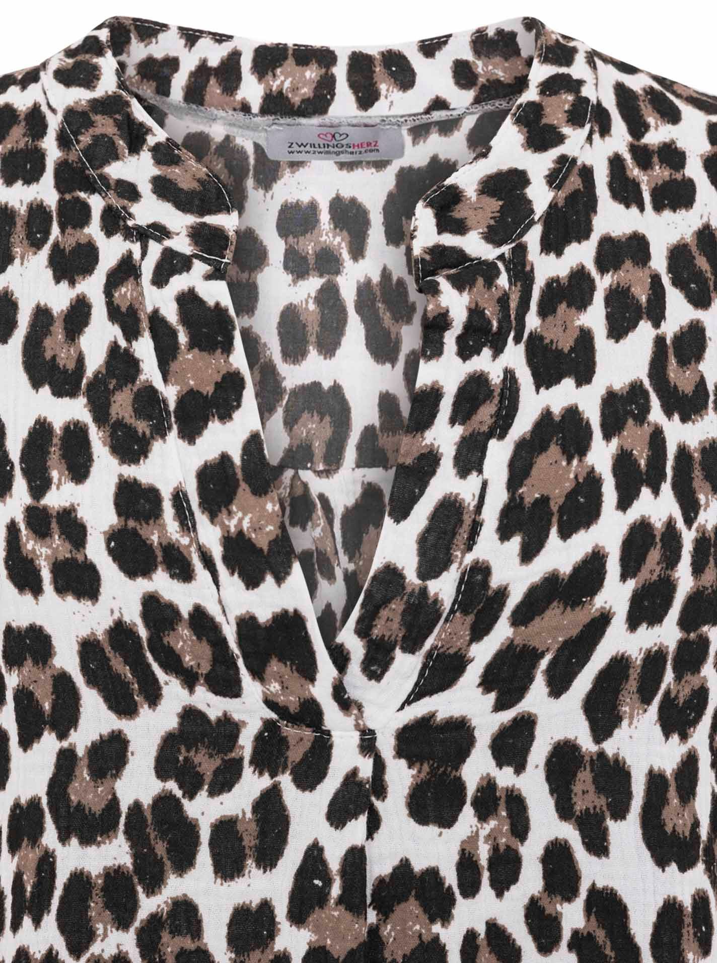 Zwillingsherz Blusentop "Rom" Turn-Up Ärmel, V-Neck. Leo-Muster, Musselin