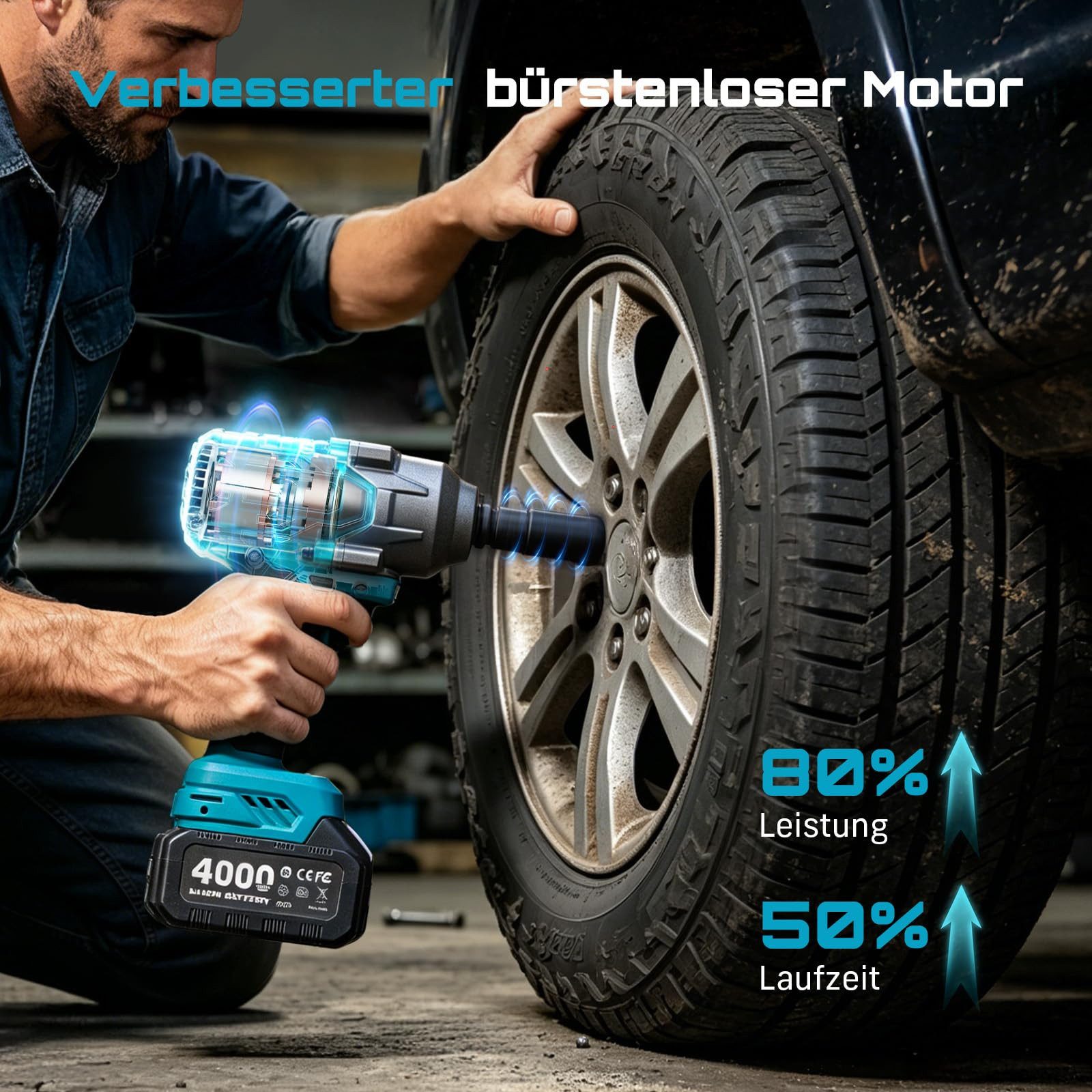 SEESII Akku-Schlagschrauber 1200 N·m, Hohes Drehmoment Akku‑Schlagschrauber mit 5 Sockeln, 2400 U/min, 1200 Nm, (mit 21V 2 x 4,0 Ah Akkus), 1/2" Bürstenloser, f – Bild 3 von 5