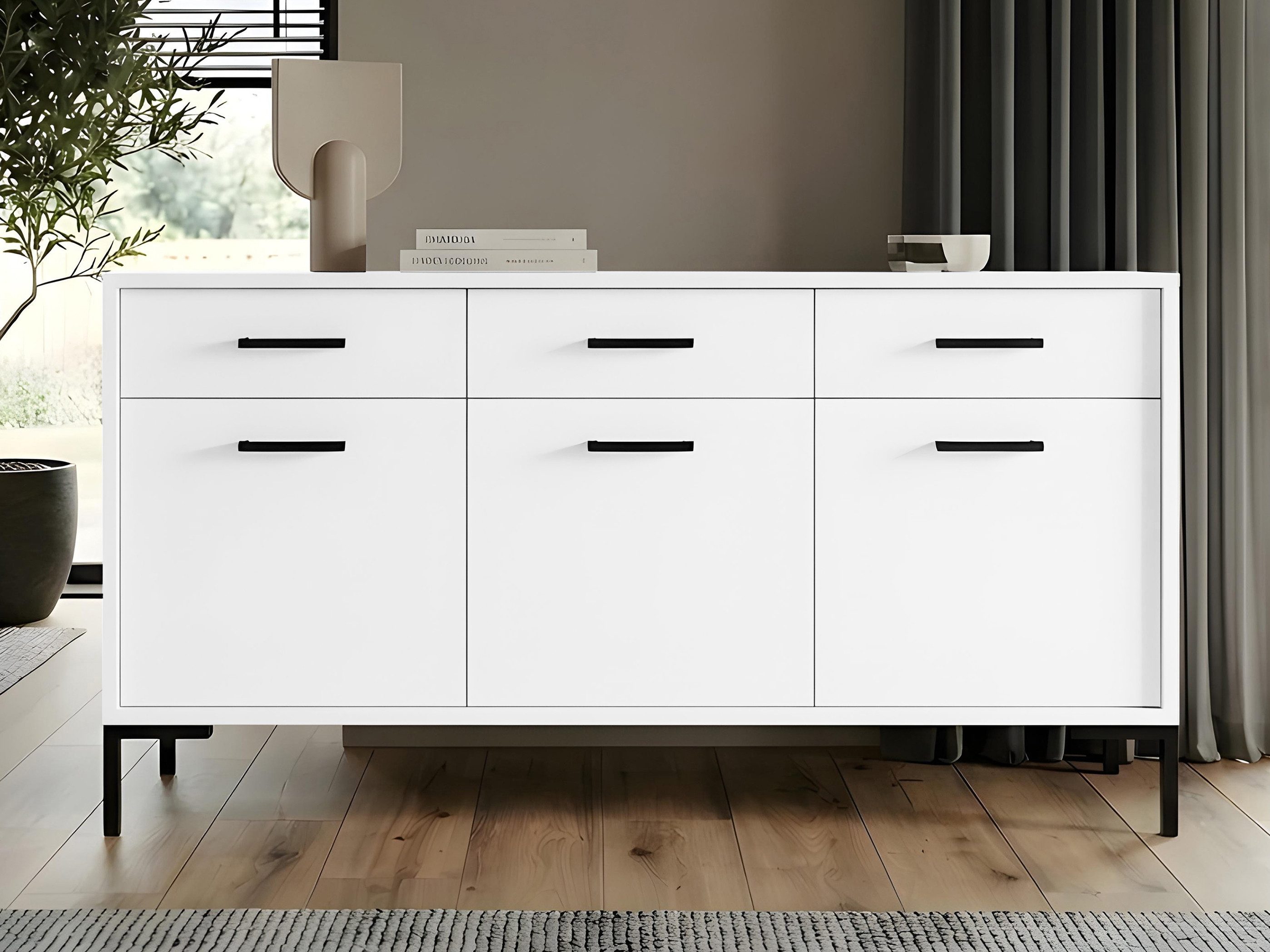 Beautysofa Kommode SELENA 150 cm Sideboard mit 3 Türen und 3 Schubladen (Metallfüße, Soft-Close, Schlafzimmer Kommode), Weiß oder Kaschmir