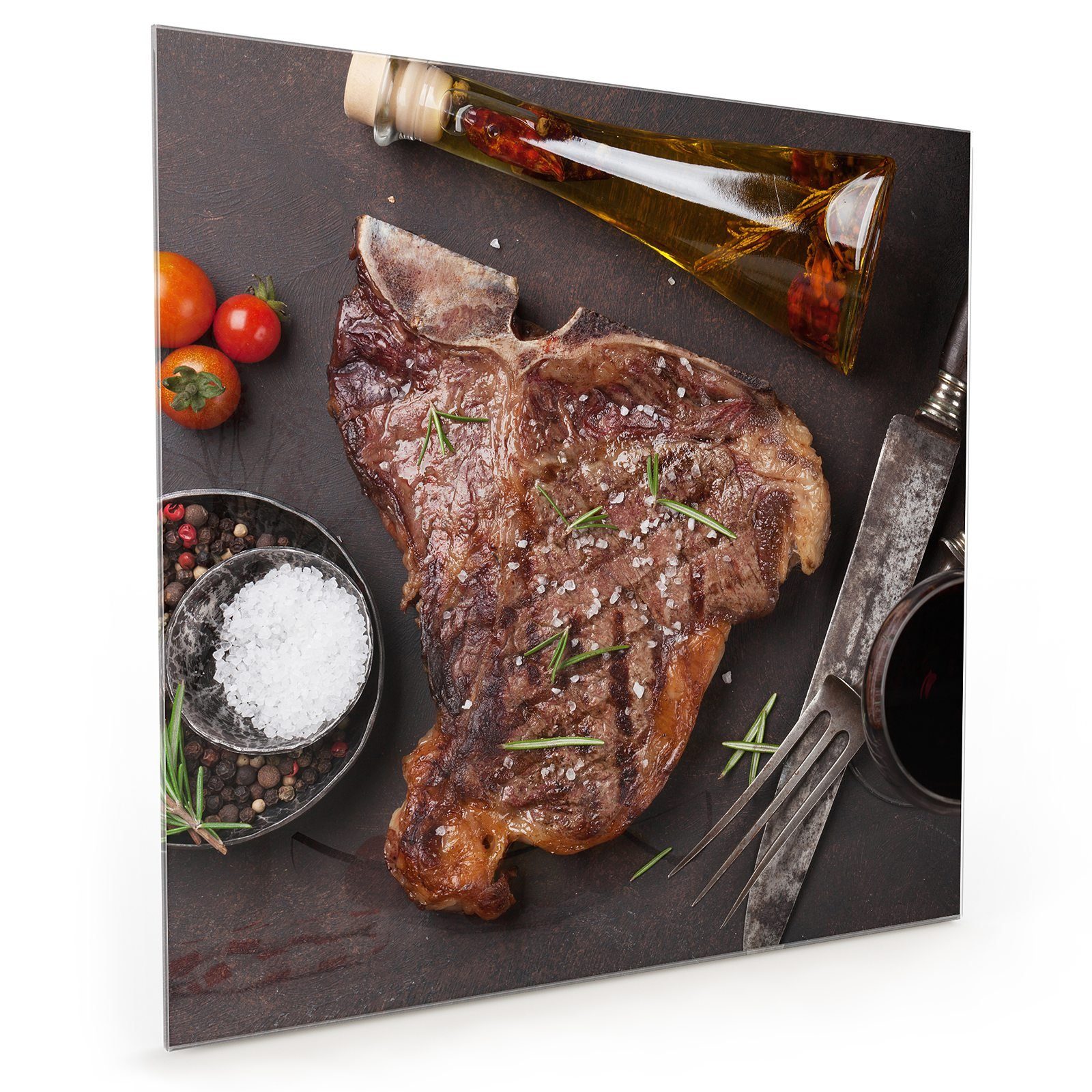 Primedeco Küchenrückwand Glas Motiv mit Spritzschutz T-Bone Rosmarin mit Steak Küchenrückwand
