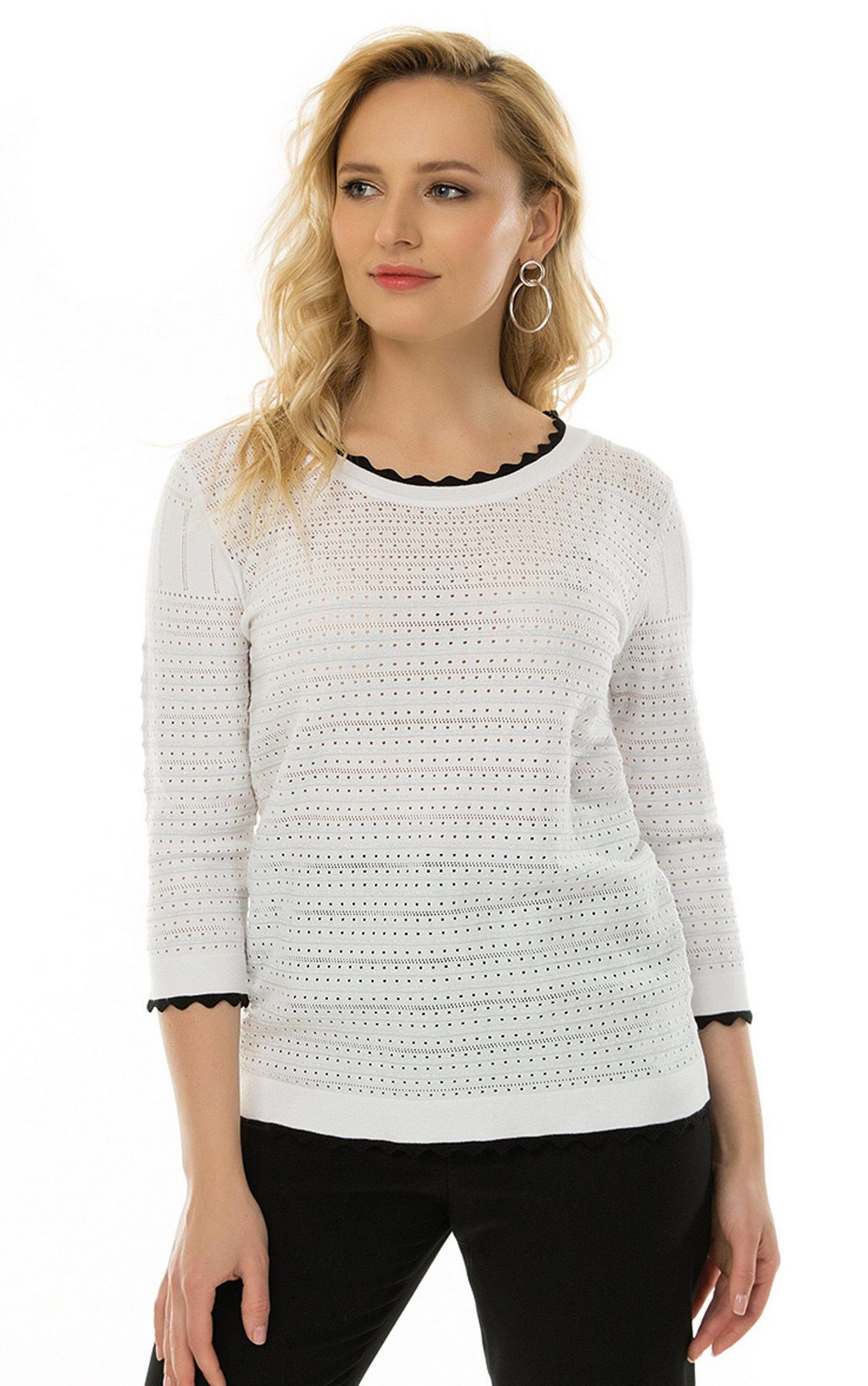 Ajourpullover Rundhals- Pullover mit Kontrastbündchen
