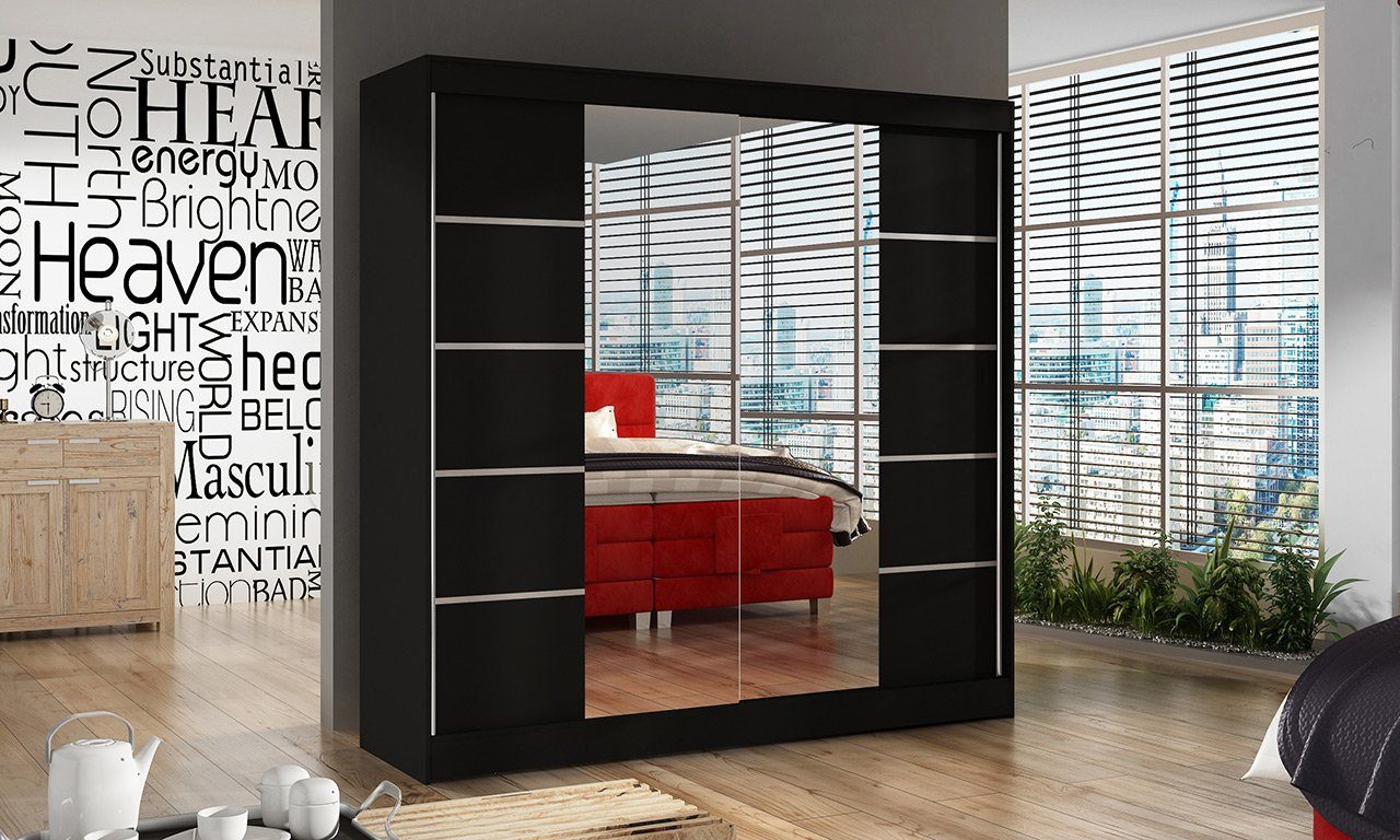 Sofnet Kleiderschrank Basti V (mit Schwarz cm Türen, Schiebetürenschrank mit Schiebetüren 2 Spiegel, Schwebetürenschrank und - 200x215x58 Kleiderstange)