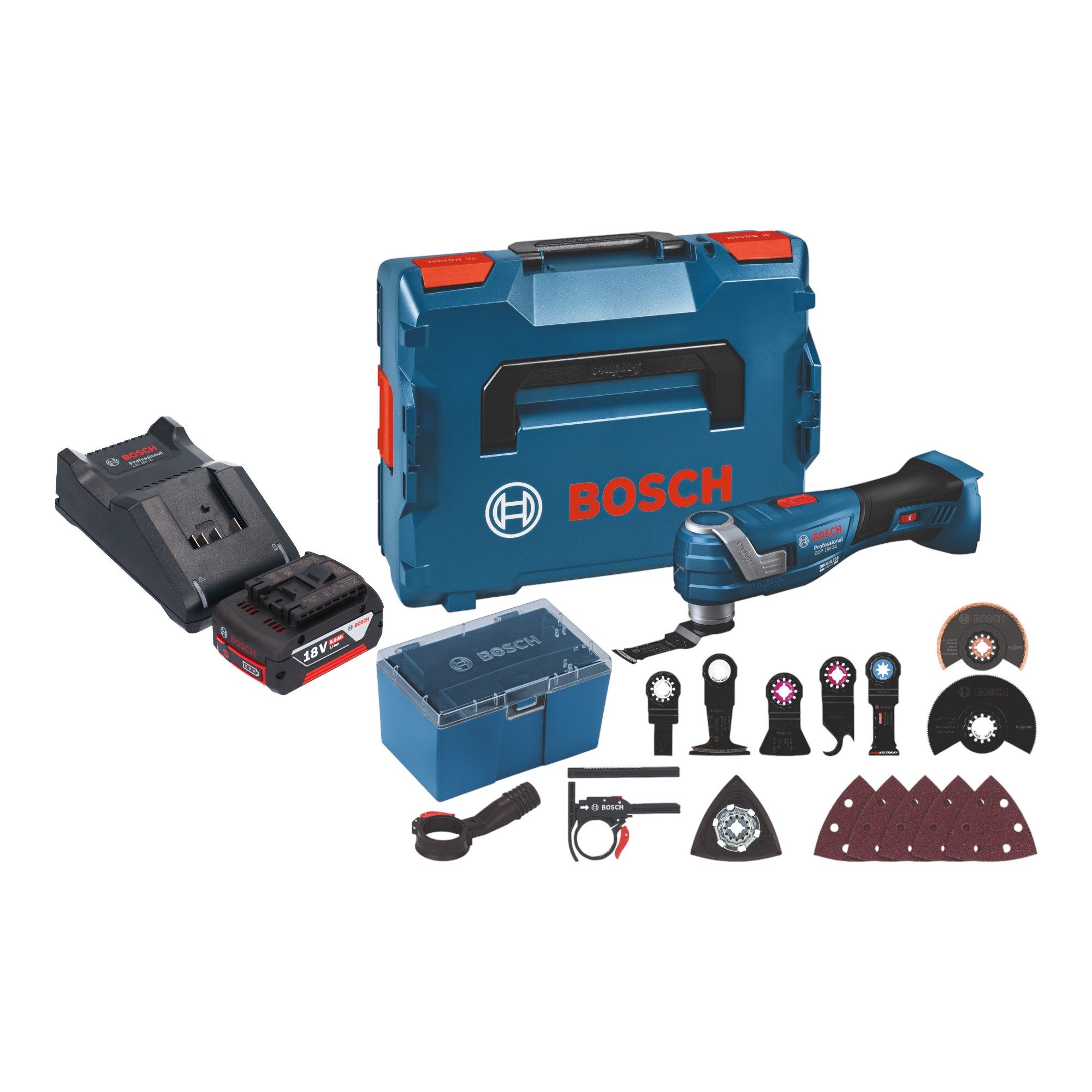 Bosch Professional Akku-Multifunktionswerkzeug GOP 18 V 34 Akku Multi Резаки + Zubehör + 1x Akku 5,0 Ah + Lader