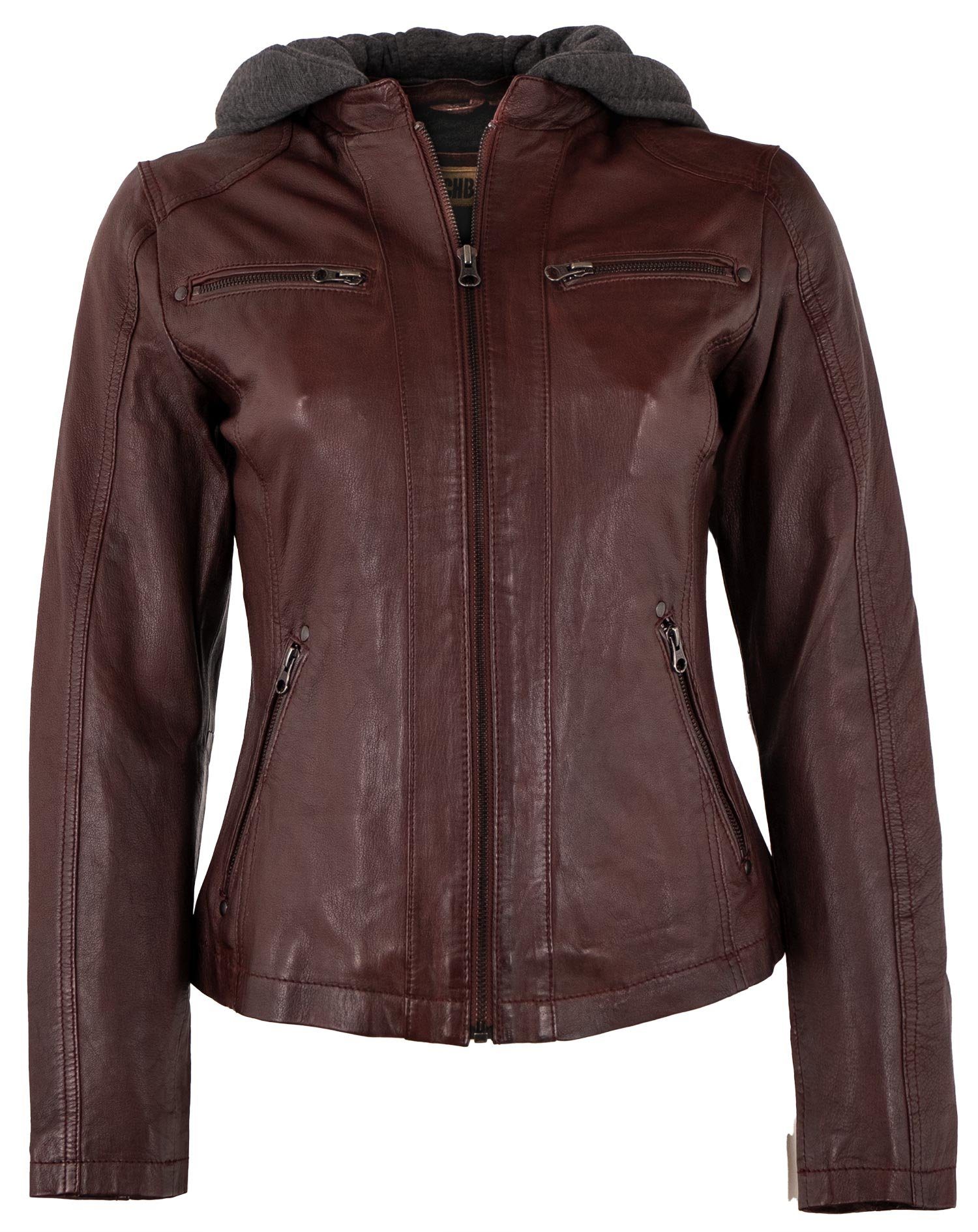 Lederjacke Lady-107 Echtleder Damen Lederjacke Lammnappa Kapuze oxred