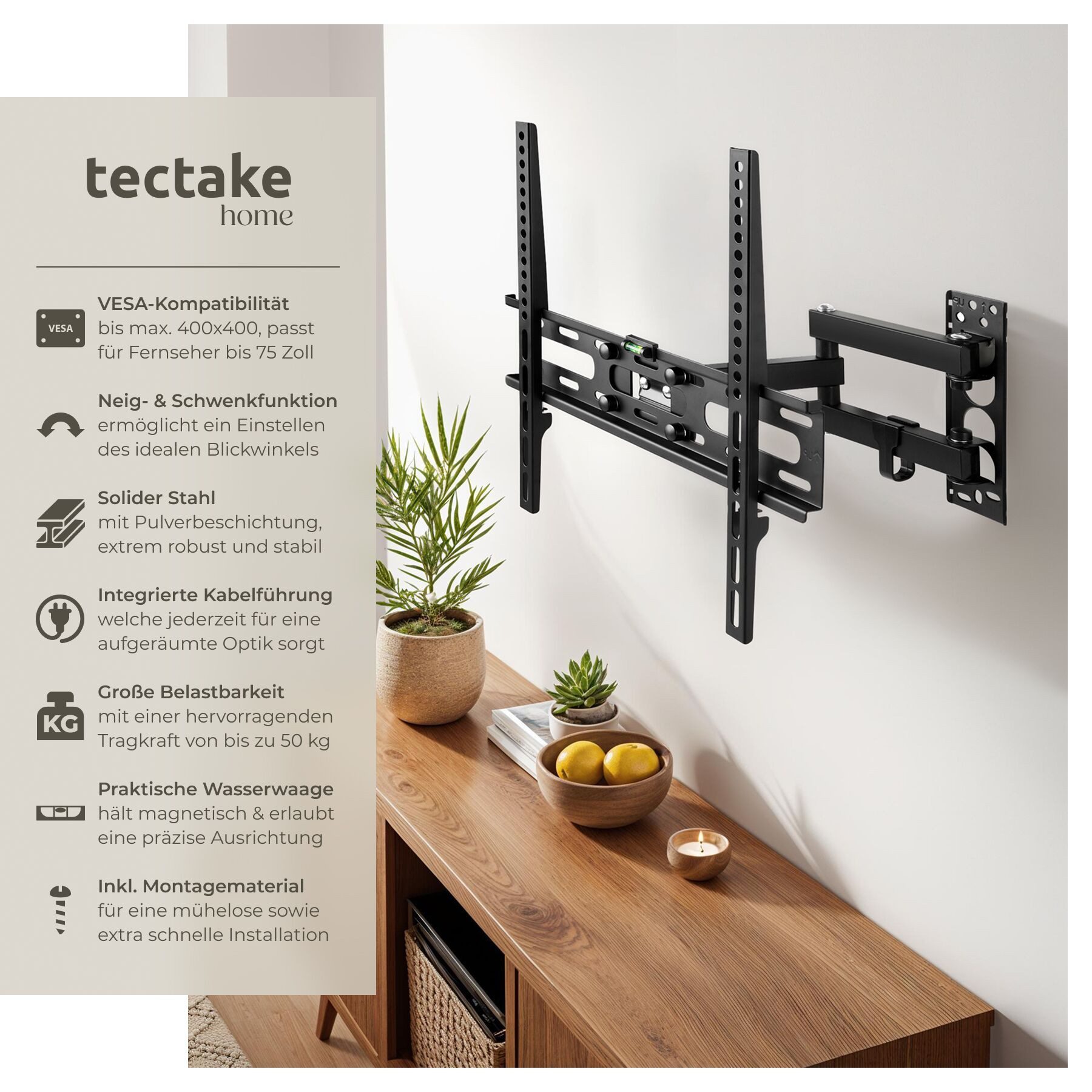 tectake TV-Wandhalterung Fernseherhalterung für 26-75 Zoll (66-191 cm), max. VESA 400 x 400, (bis 75 Zoll, für Flachbildfernseher, bis 50 kg, ausziehbar, schwenkbar und neigbar mit integrierter Kabelführung)