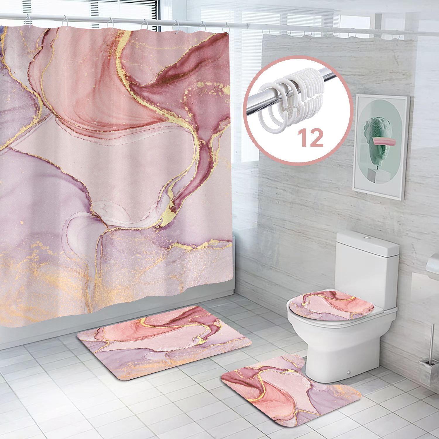 MOPUEA Duschvorhang Duschvorhang 180x180 cm Waschbar Wasserdicht Anti Schimmel (Duschvorhang Set mit 12 Haken für Bad und Dusche, Duschvorhang 180x180 cm mit Metallösen und 12 Haken), Wasserdicht Anti Schimmel Waschbar HD Druck 180x180 cm