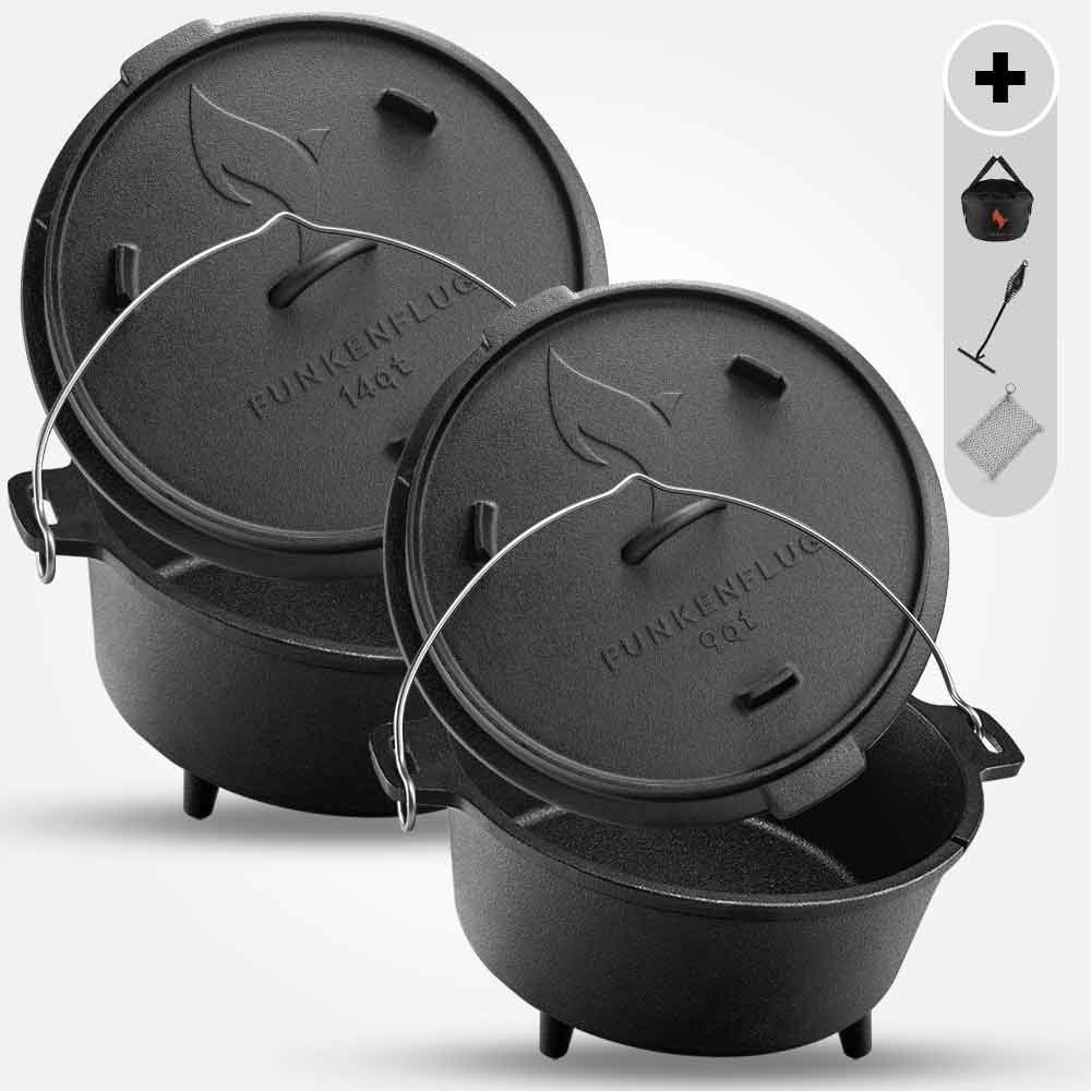 Funkenflug Feuertopf Eingebranntes Dutch Oven Set [9 QT + 14 QT], Gusseisen (Funkenflug Dutch Oven Set, 2-tlg., inkl. Dutch-Oven Zubehör Set [Tasche, Deckelheber & Ringreiniger), - für gesellige Grill Abenteuer - in 2 beliebten Größen -