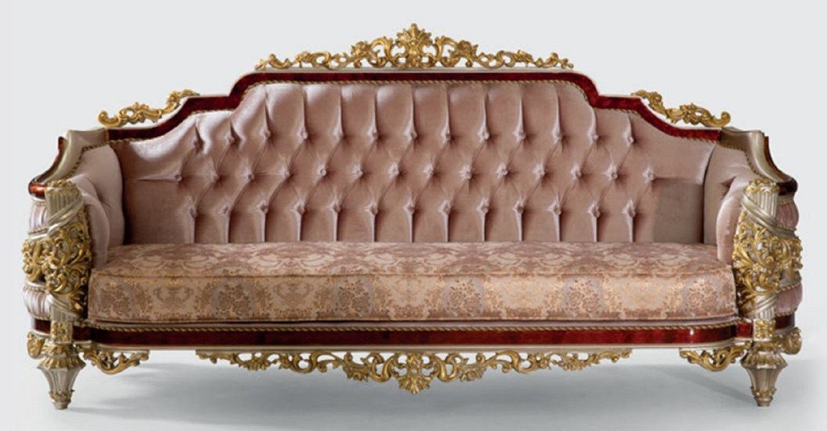 Casa Padrino Sofa Luxus Barock Sofa Rosa / Braun / Silber / Gold 240 x 90 x H. 116 cm - Prunkvolles Wohnzimmer Sofa mit elegantem Muster - Möbel im Barockstil