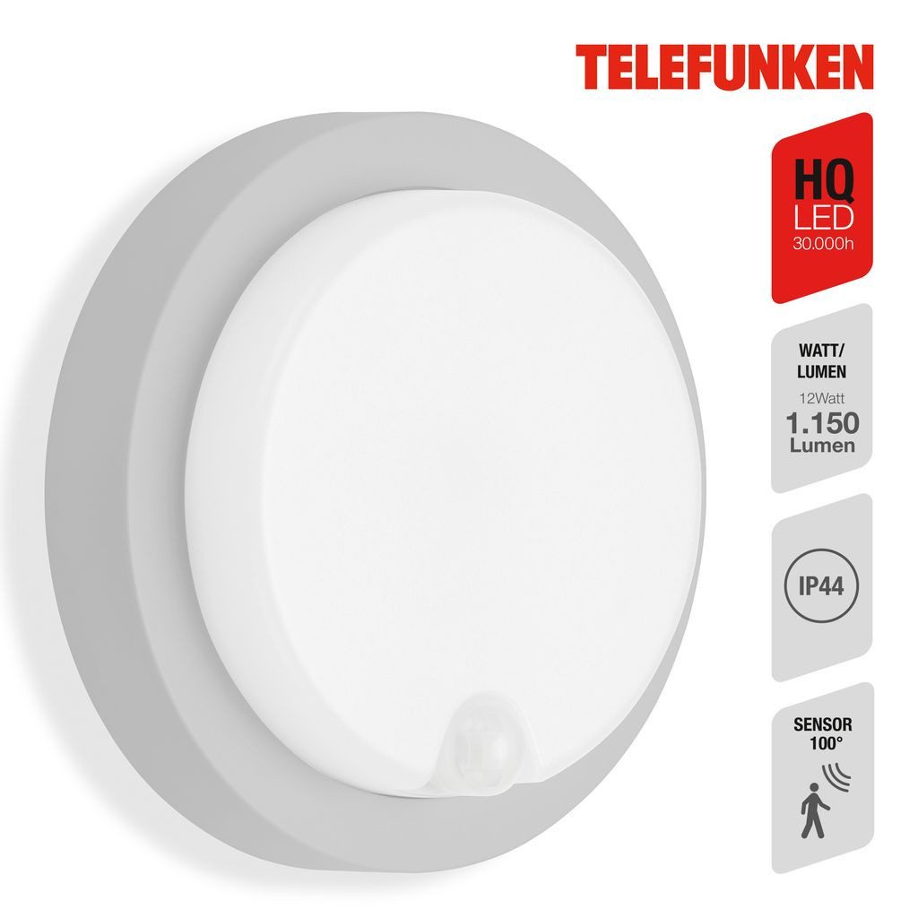 Telefunken Außen-Wandleuchte 315304TF, Leuchtdauer einstellbar, LED fest integriert, 2700K - Extra-Warmweiß, Außenleuchte IP44 Bewegungssensor 1150lm 4000K 12W