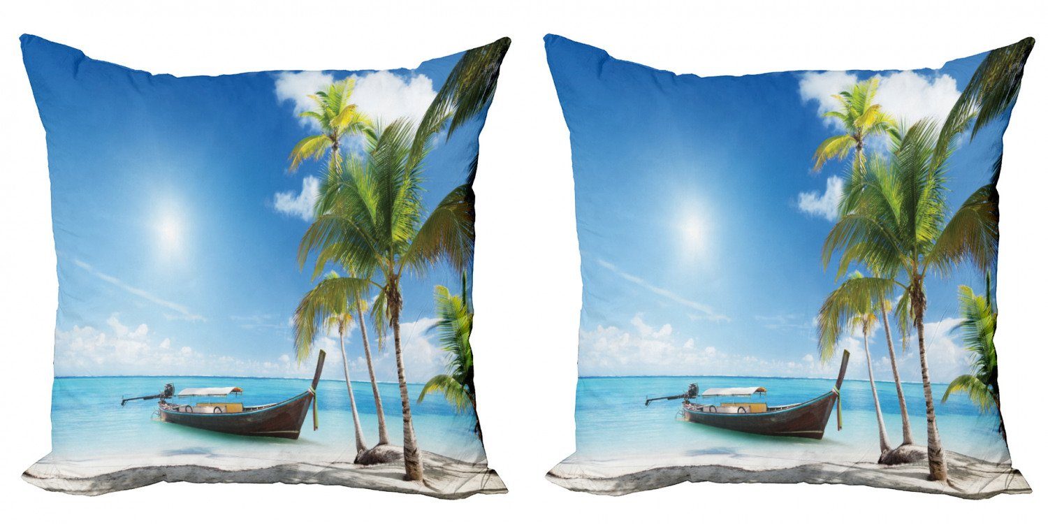Kissenbezüge Modern Accent Doppelseitiger Digitaldruck, Abakuhaus (2 Stück), Palme Holzboot auf exotischen Strand