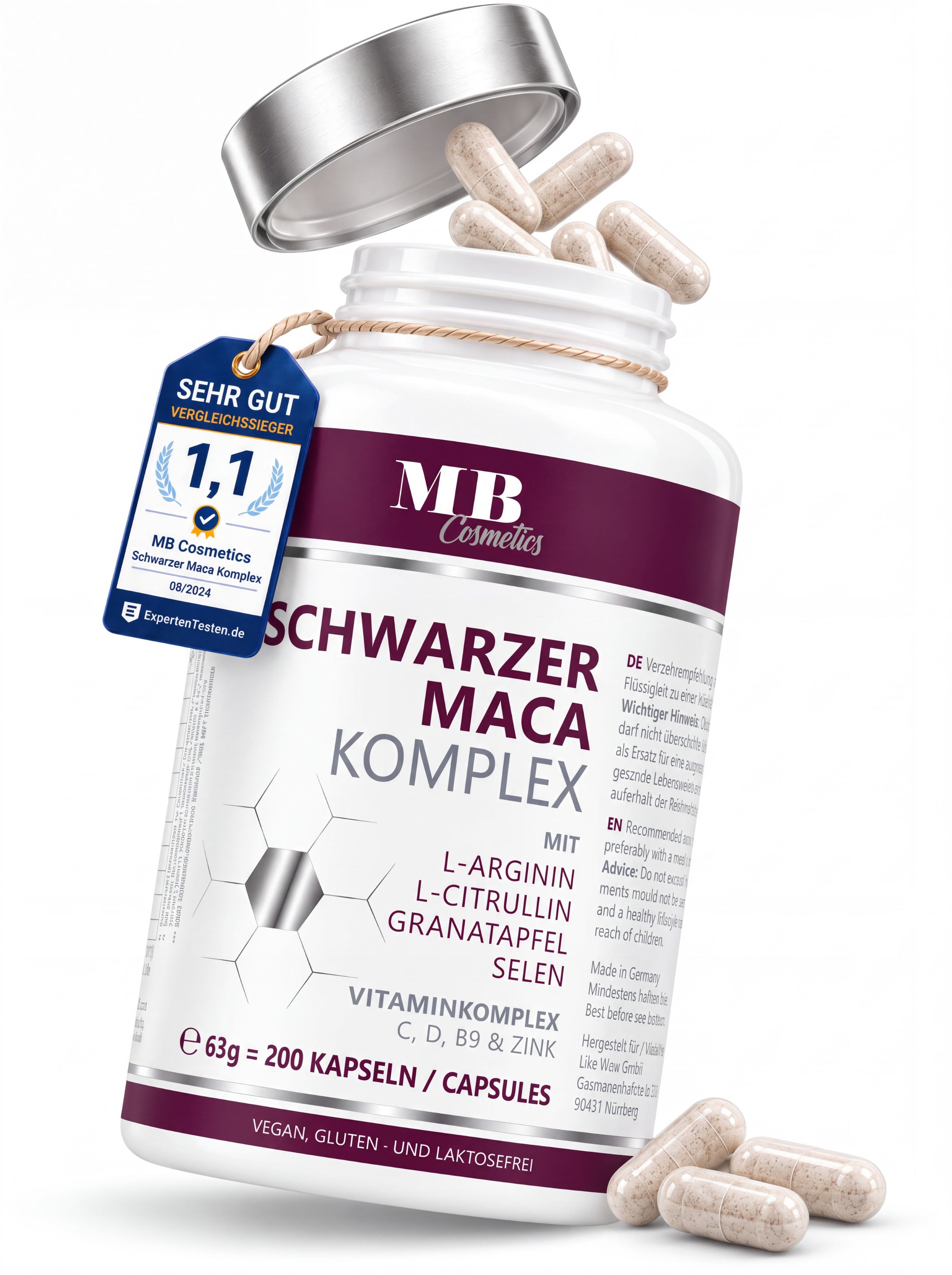 Medical Beauty Cosmetics Schwarzer Maca 4800 mg mit L-Arginin, Zink, Selen, Granatapfel, 200 Kapseln, 1 er Packung à 79 g, Vegan, mit L-Citrullin, hochdosierter 20:1 Maca Extrakt ohne Zusätze