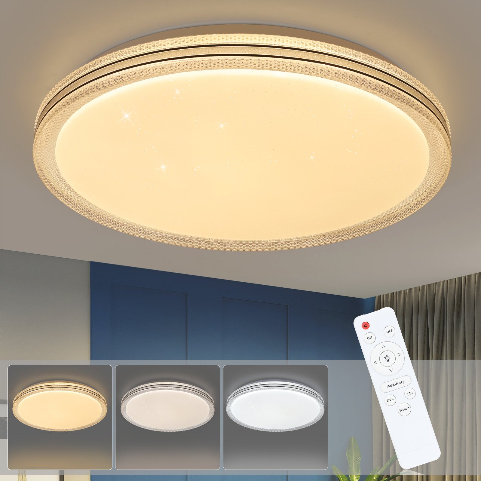 Nettlife LED Deckenleuchte Ø40cm Wohnzimmerlampe Sternenhimmel Dimmbar mit Fernbedienung 44W, LED fest integriert