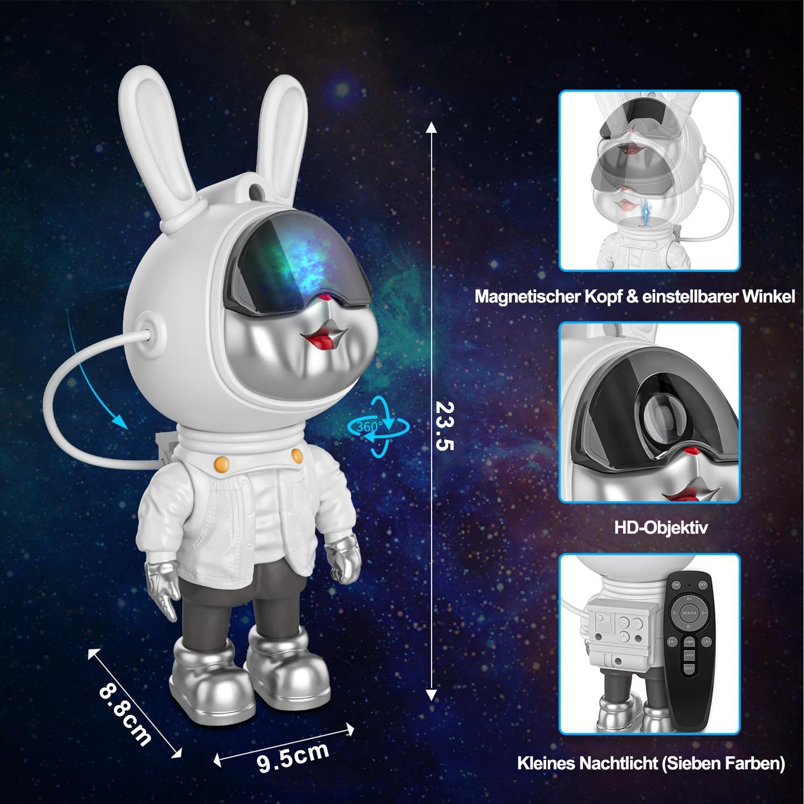 USB LED Projektor MUPOO Nachttischlampe Zimmer Projektor LED Projektionslampe Nachtlicht Sternenhimmel Hasen-Astronaut Led Dekor Fernbedienung,Kinder Nachtlicht, 360° Verstellbares, Astronaut