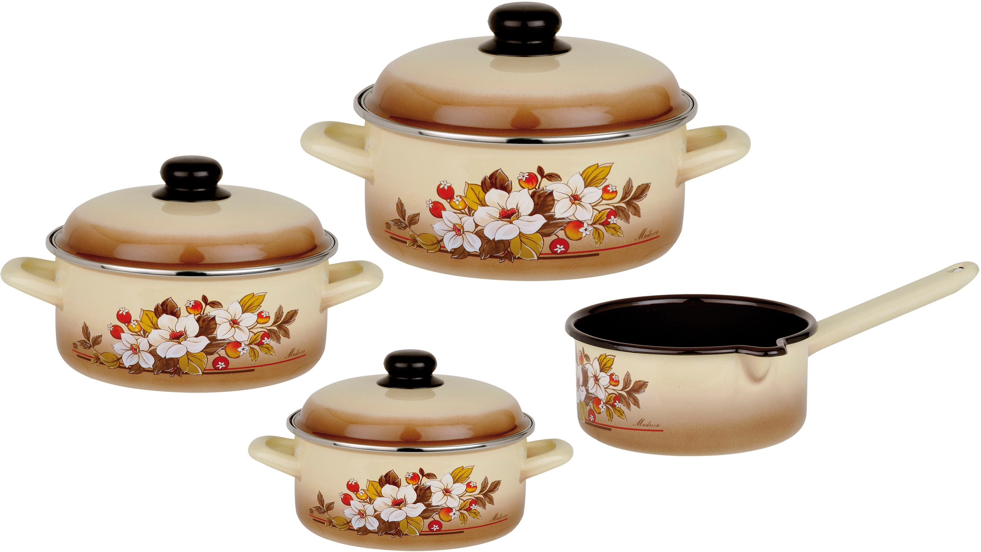 GSW Topf-Set Madeira, Stahl-Emaille (7-tlg., je 1 Kochtopf 16/20/24 cm, 1x Stielkasserolle 16 cm), ideal für Всеrgiker, Induktion