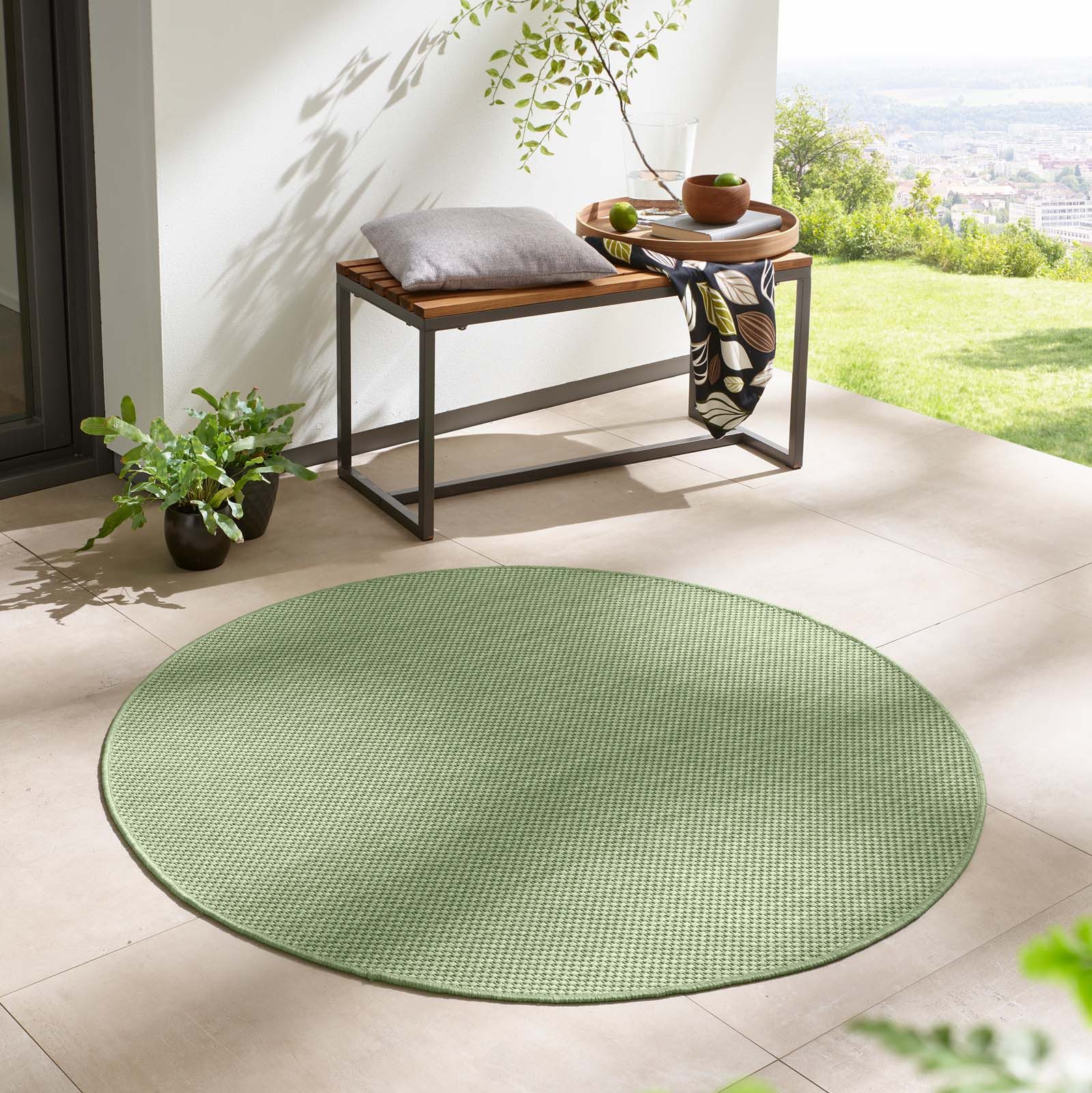 TaraCarpet Teppich Regina Teppich aus robustem Flachgewebe für In und Outdoor, rund, Höhe: 7 mm, Küche Wohnzimmer Terrasse Garten Balkon uni grün 120X120