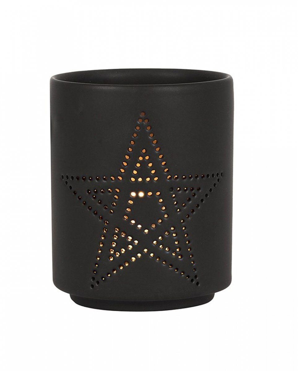 Horror-Shop Kerzenständer Schwarzer Teelichthalter mit Out Cut Pentagram
