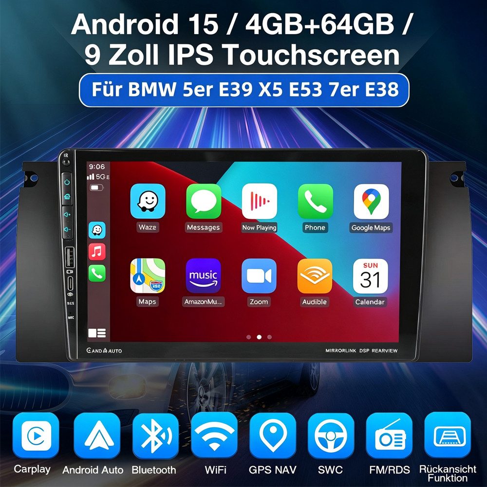 ESSGOO DAB+ Für BMW 5er E39 7er X5 E53 E38 Android15 Autoradio Carplay Type-C Autoradio (RDS, 4+64GB(optional), Digitalradio (DAB), FM, AM, SWC, Carplay Android Auto Bluetooth EQ USB GPS Navi WIFI Touchscreen)