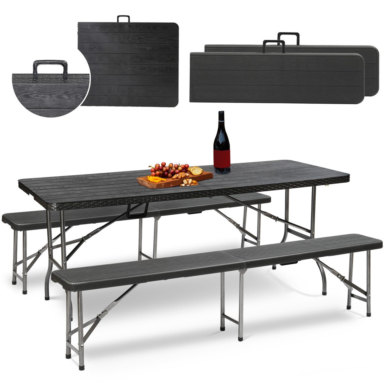 Sekey Bierzeltgarnitur 3-teilig Bierzeltgarnitur Klappbar Tragegriff 180cm Gartenmöbel, (3-tlg), 180cm Bierbänke und 2 Bierbänke, mit Holz und Rattan-Optik, Wetterfest