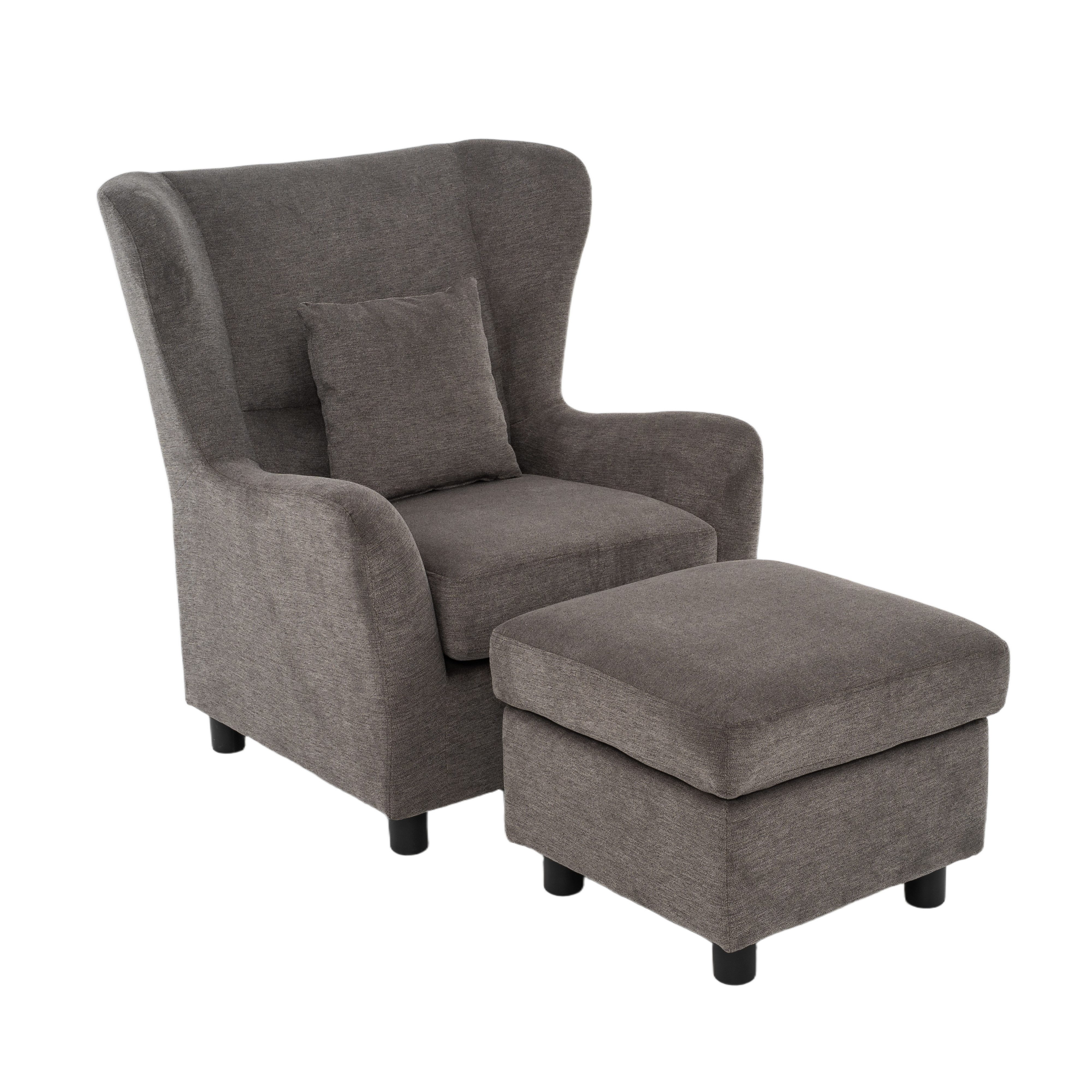luma-home Ohrensessel 16148 (mit Hocker und Zierkissen, Polsterung mit Taschenfederkern, B89/H95/T79 cm), Lesesesel mit Echtholzfüßen, Bezug Mikrofaser in Grau
