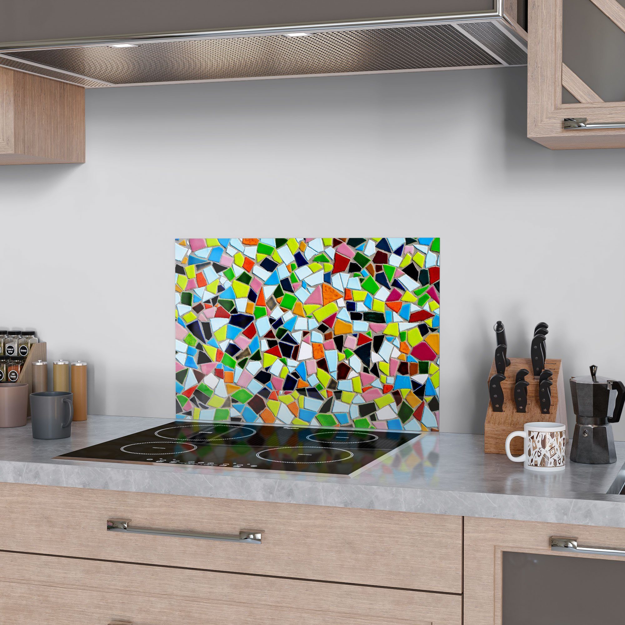 DEQORI Spritzschutz Glas Badrückwand Küchenrückwand Fliesen-Mosaik', Herdblende 'Buntes