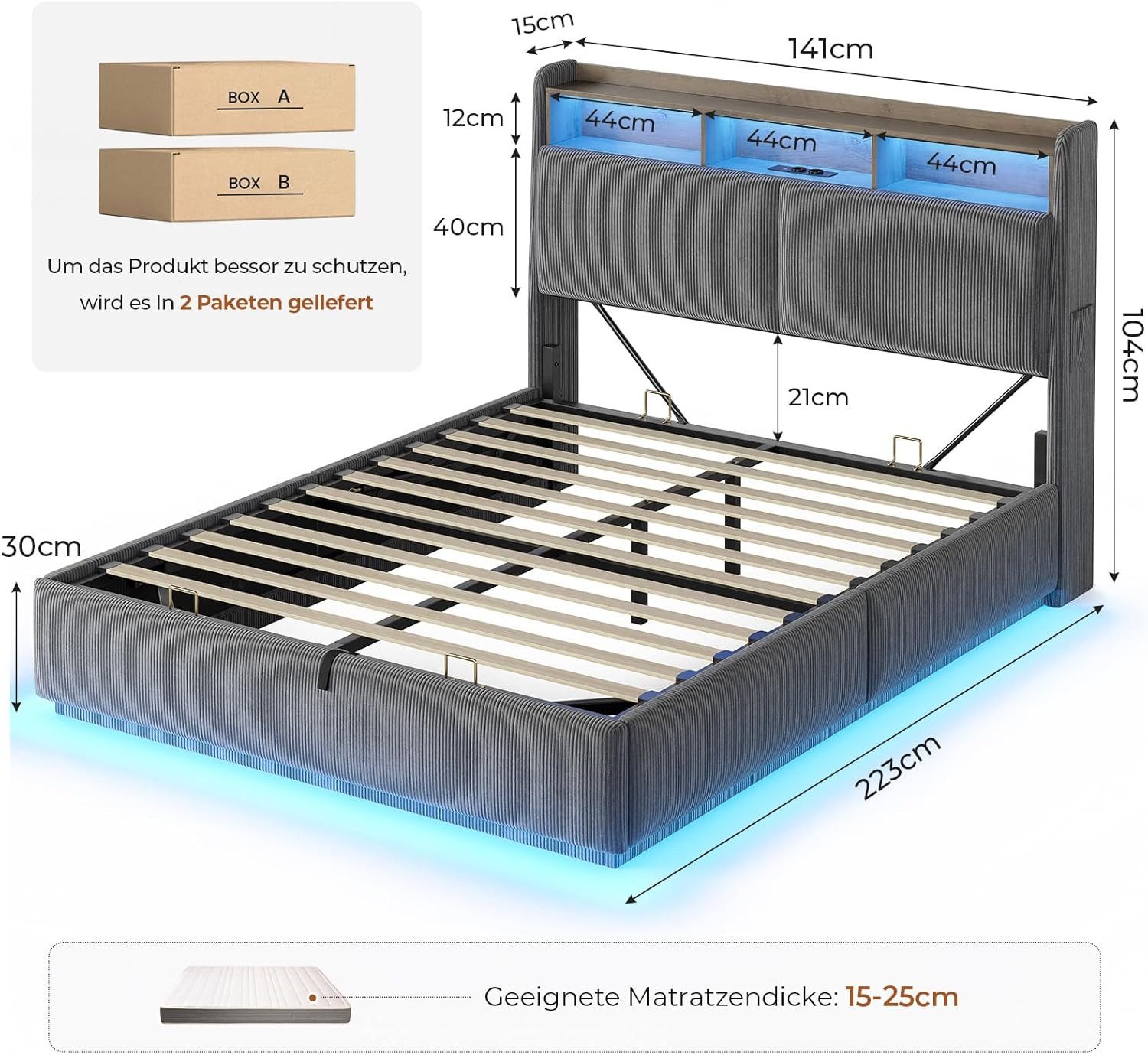MSMASK Polsterbett Hydraulisches Stauraumbett mit LED Beleuchtung und Steckdosen (1-tlg., Ohne Matratze), Jugendbett mit Stauraum Kopfteil, 140x200cm – Bild 2 von 5