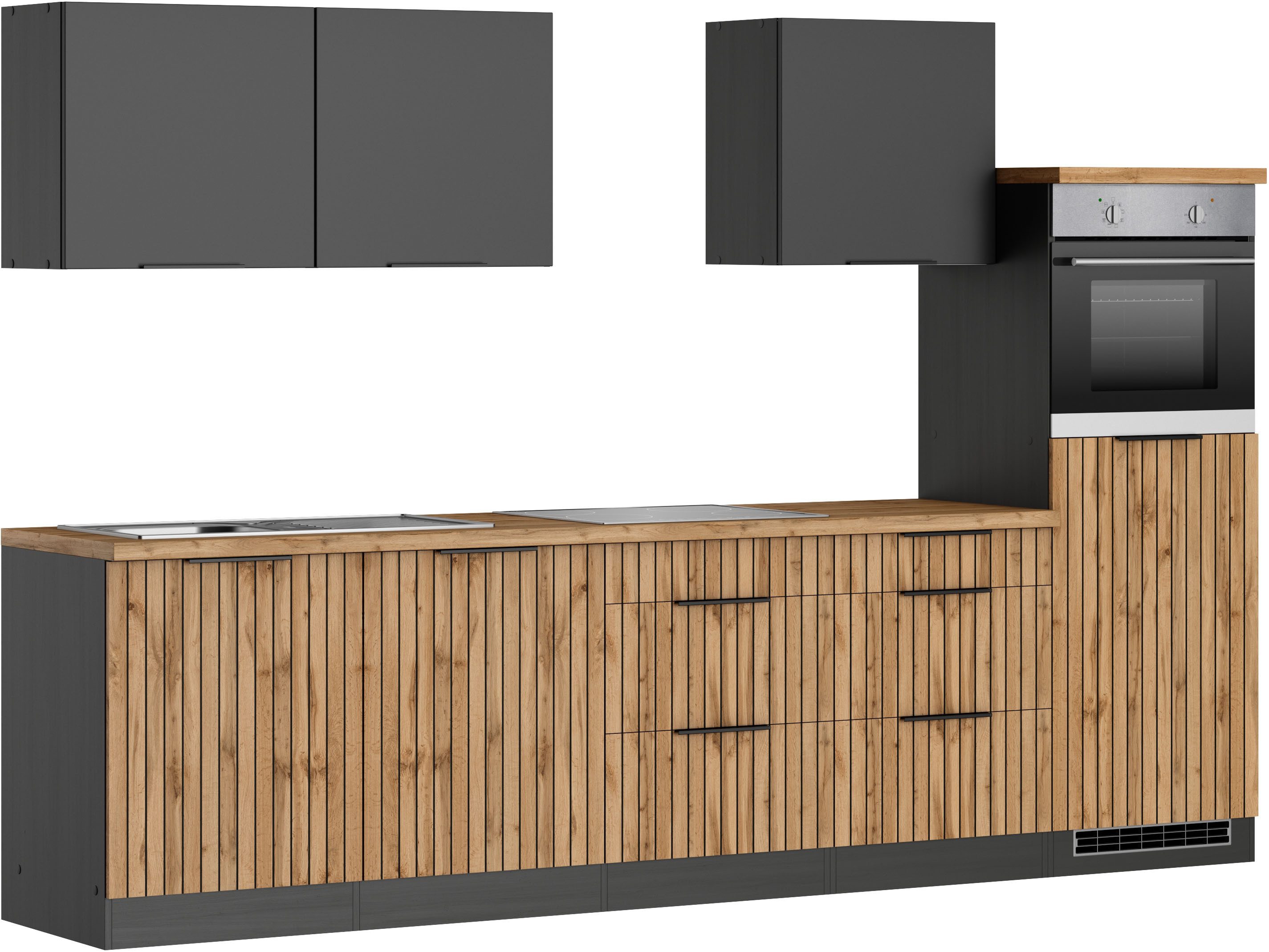 KOCHSTATION Küchenzeile KS-Lagos2, Küche Komplettset, Breite 300cm, wahlweise mit E-Geräten, mit 38mm starker Arbeitsplatte