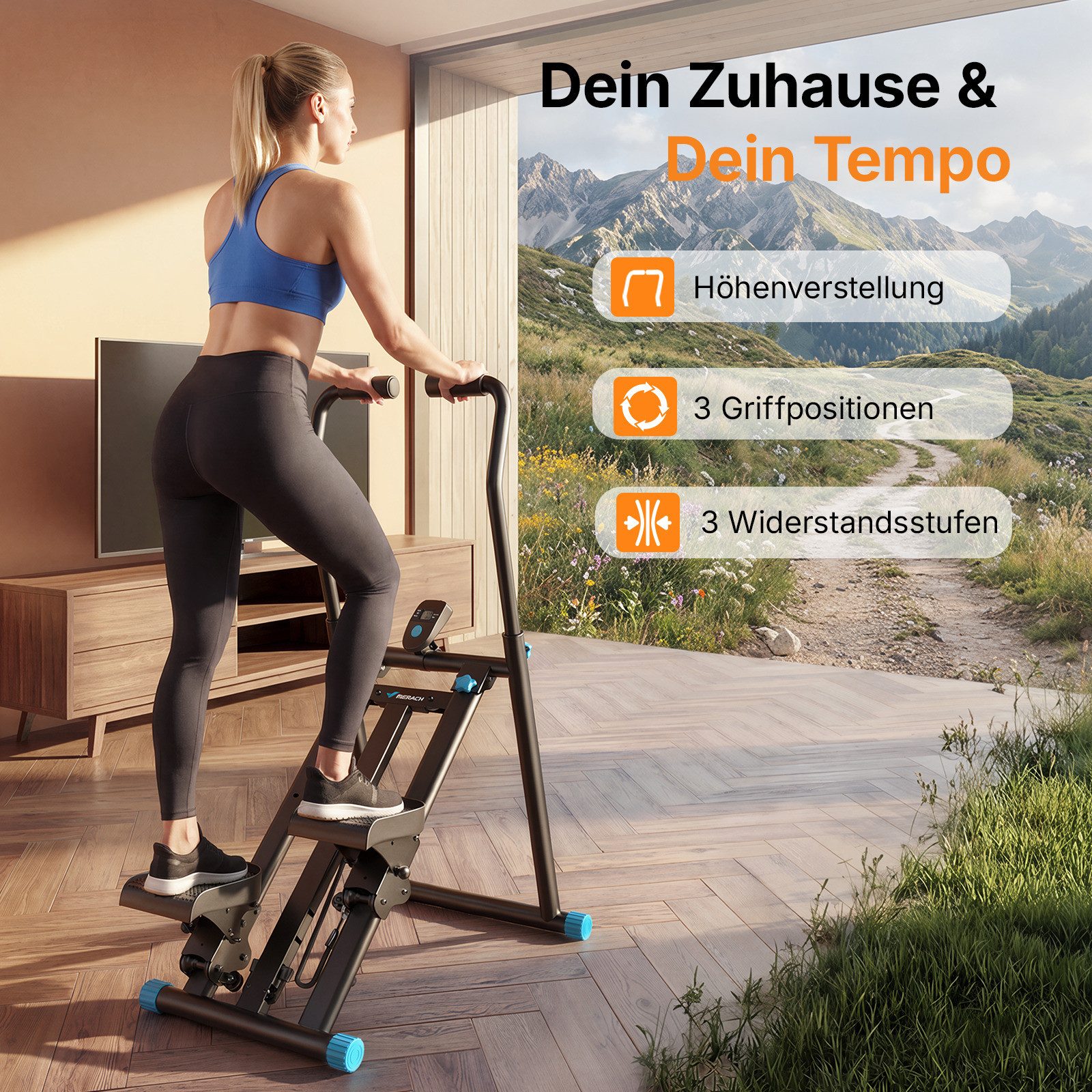 MERACH Stepper Stair Stepper Heimtrainer Klettergerät bis 150 kg, Fitness für Zuhause (mit LCD-Anzeige & Echtzeit-Tracking, 1-tlg., 3 Widerstandsstufen, Fitnessgerät für Beine & Core), Gelenkschonendes Klettertraining, max. Benutzergewicht 150 kg