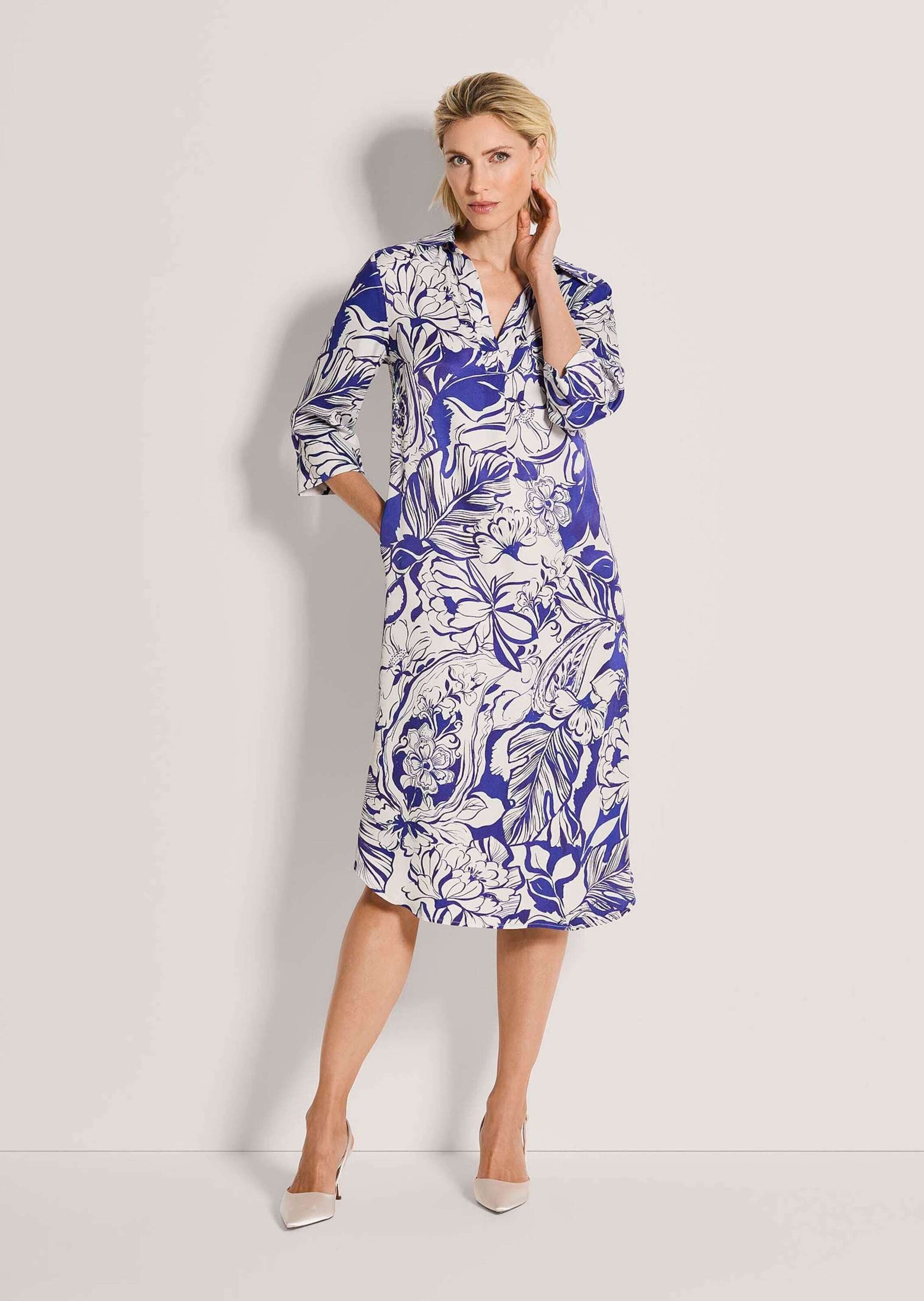 MADELEINE Midikleid Viskosekleid mit floralem Design Midikleid mit Hemdkragen, V-Ausschnitt, Taschen, 3/4-Arm und Knielänge