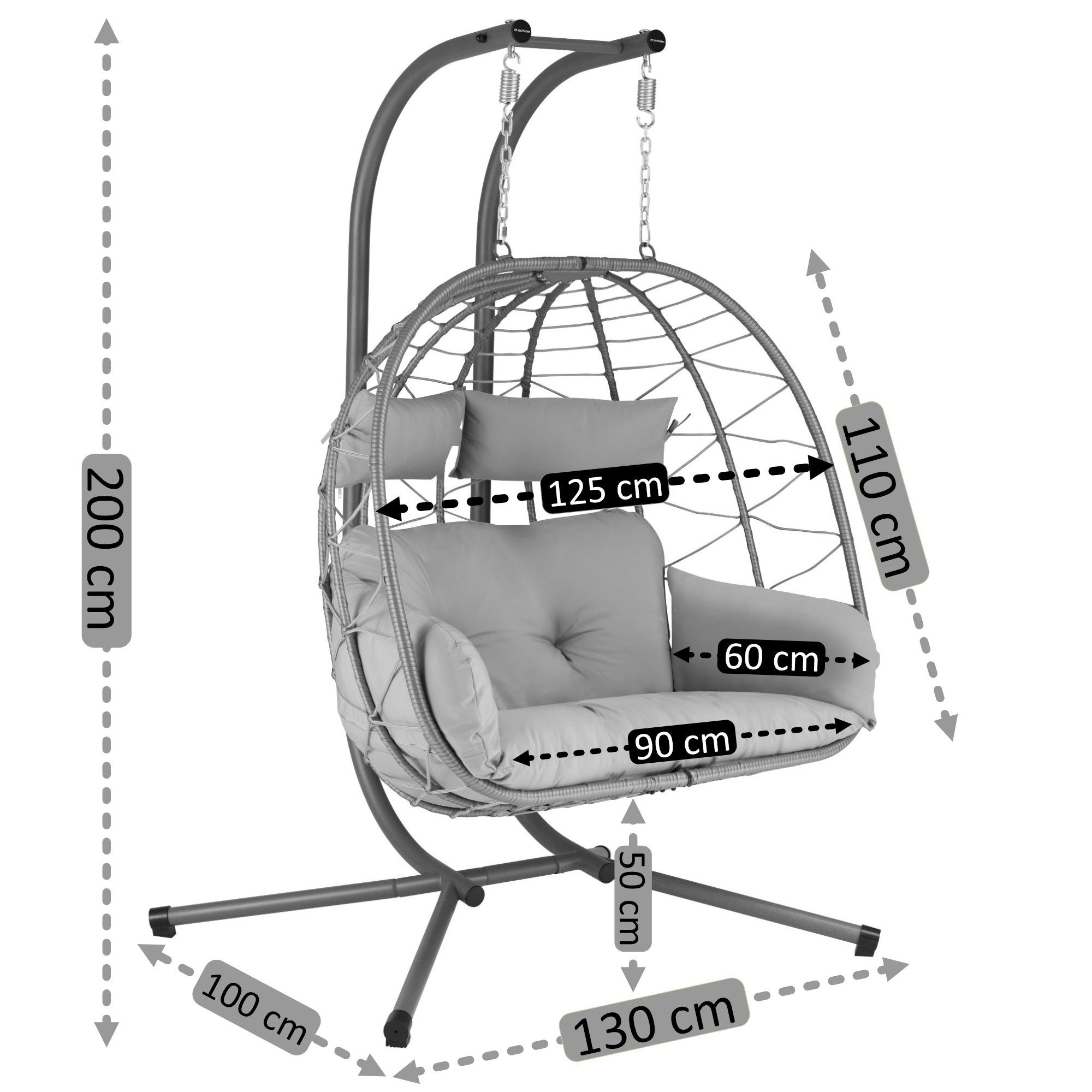 HinHocker Hängesessel Hängesessel für 2 Personen mit Gestell, Grau, XXL Hängeschaukel Indoor, Faltbarer Korb
