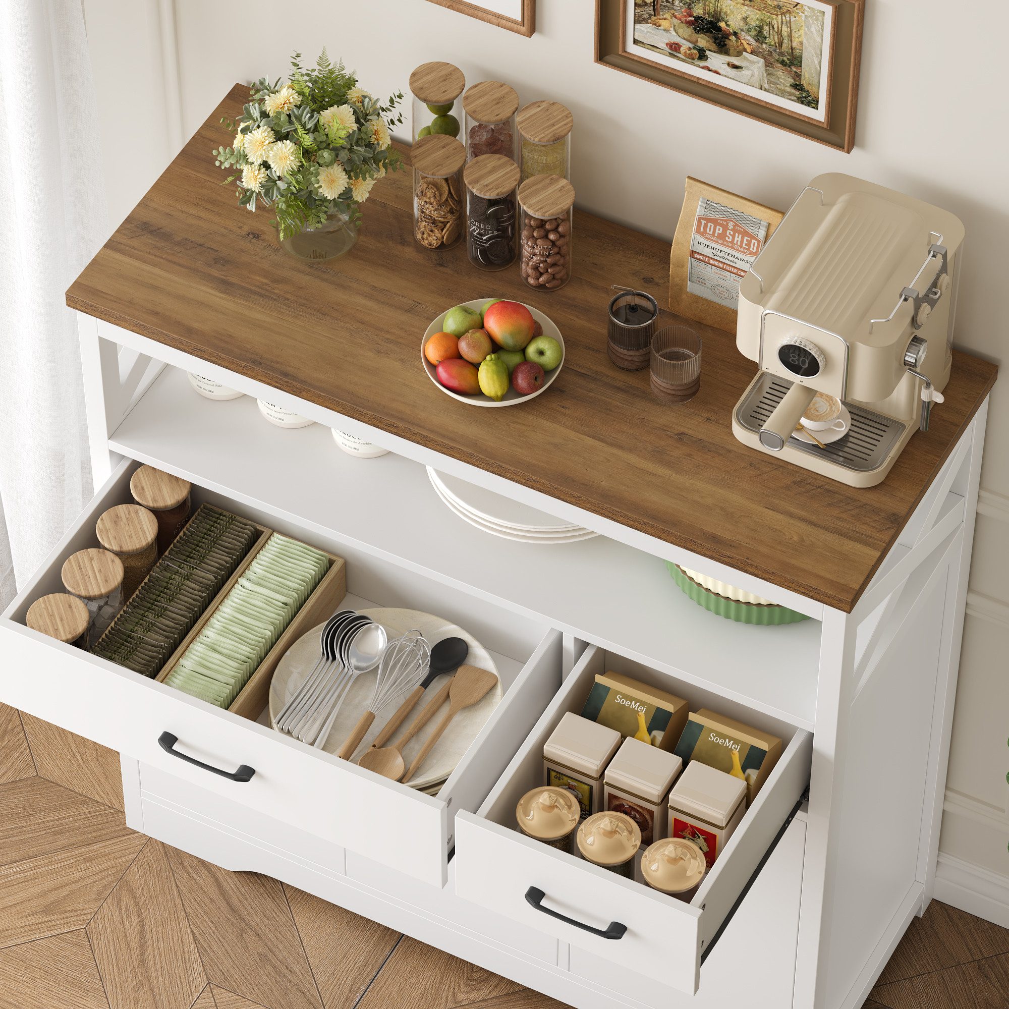 HOMECHO Sideboard, Küchenschrank mit Arbeitsplatte, 2 Schubladen und 3 Türen