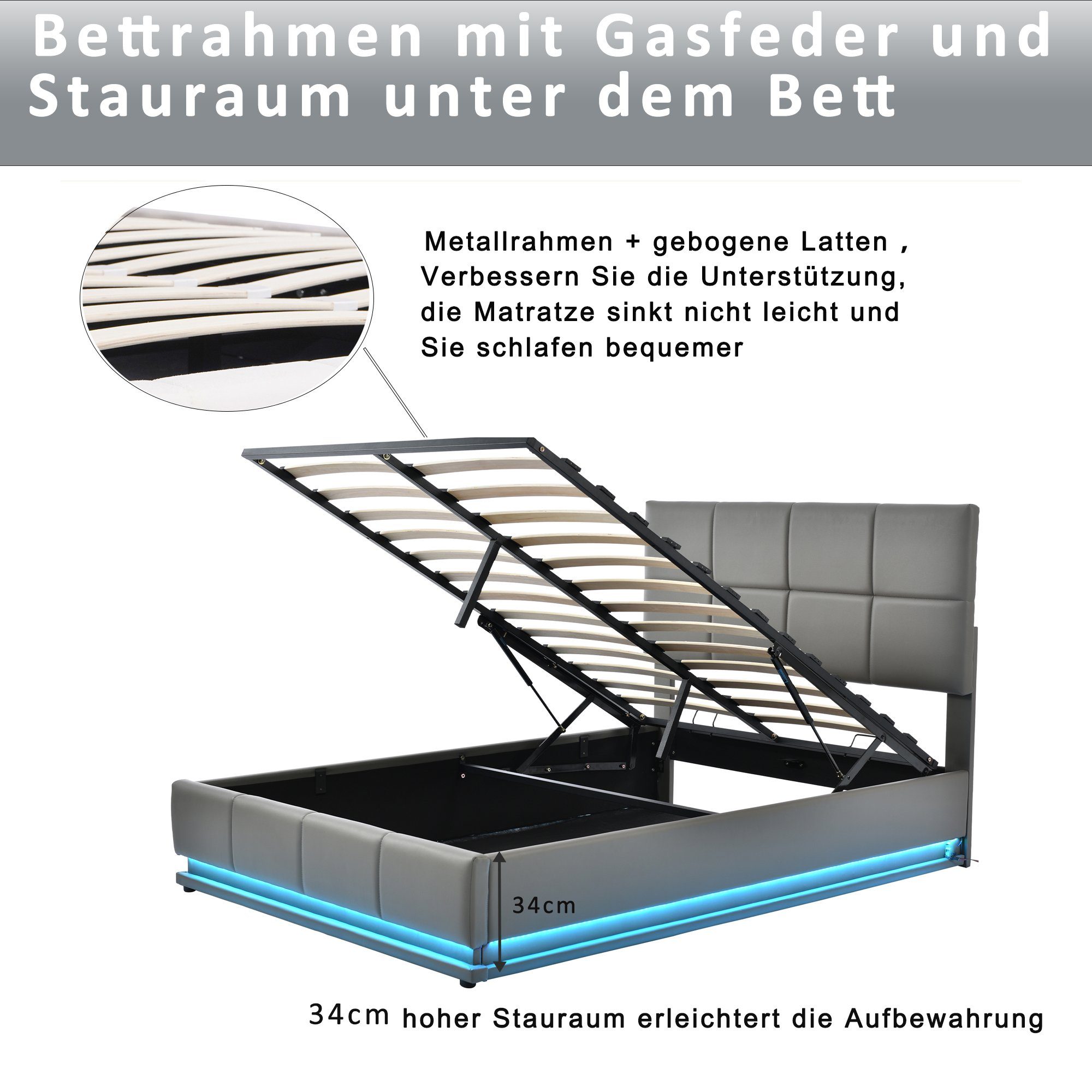 140x200cm LED Grau Flieks Kunstleder hydraulisches Doppelbett Polsterbett,