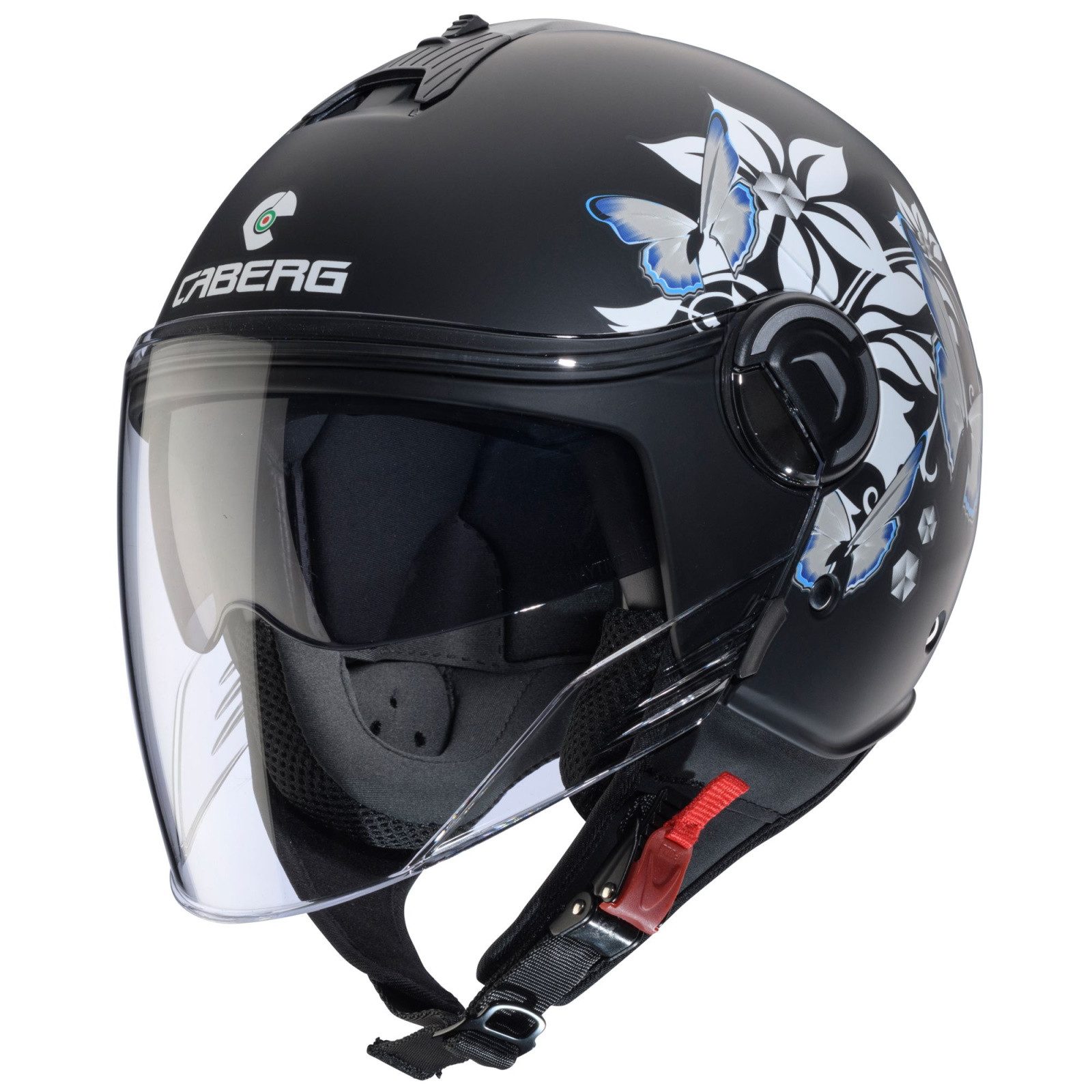 Caberg Motorradhelm Caberg Riviera V4 X Mia Jethelm Matt-Schwarz / Weiss-Grau-Hellblau (1er Set)