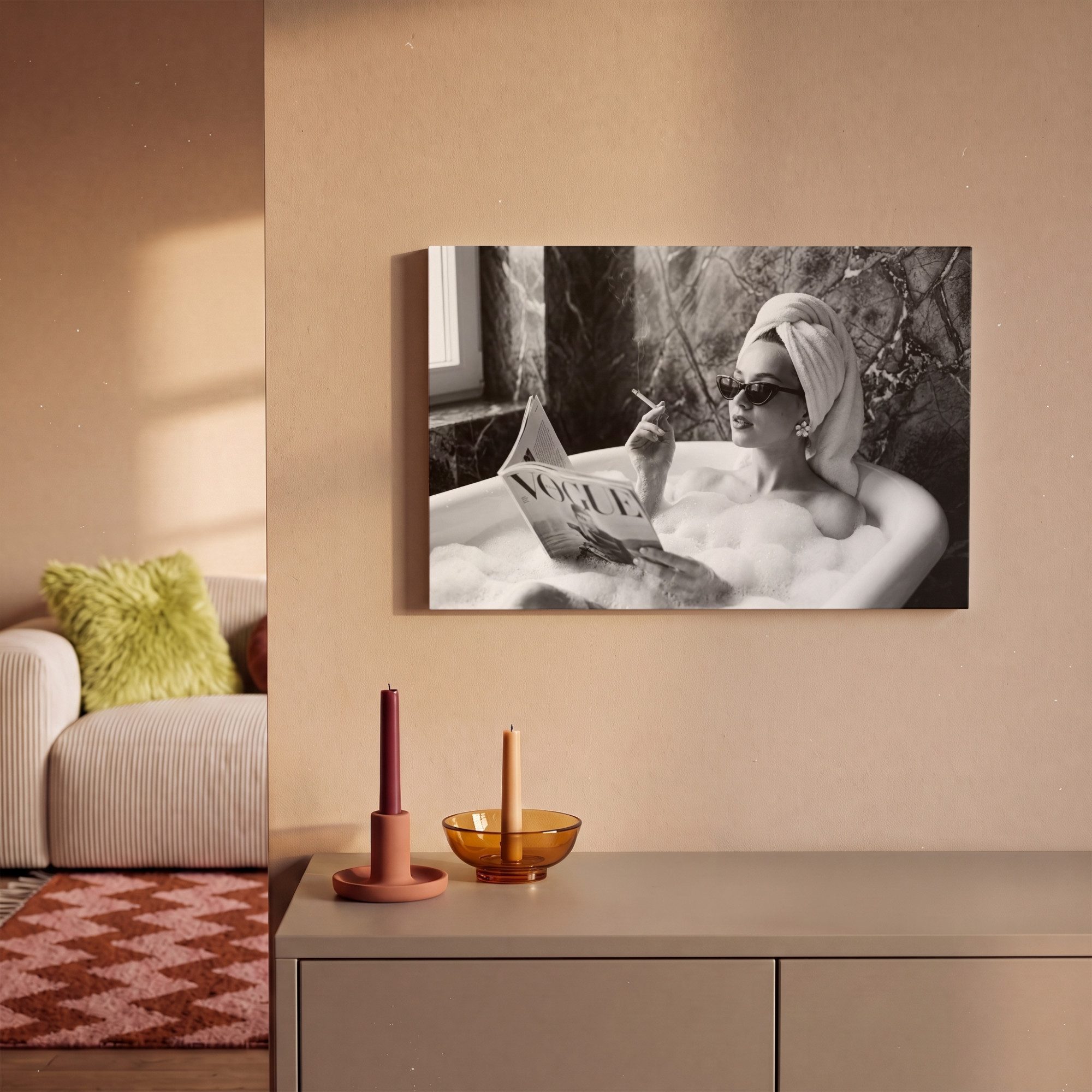 OneMillionCanvasses® Leinwandbild Relaxt - Bad - Schwarz - Weiß, Fotodruck (1 St), Wandbild, Deko Schlafzimmer Wohnzimmer Flur 20x20 cm – Bild 2 von 5