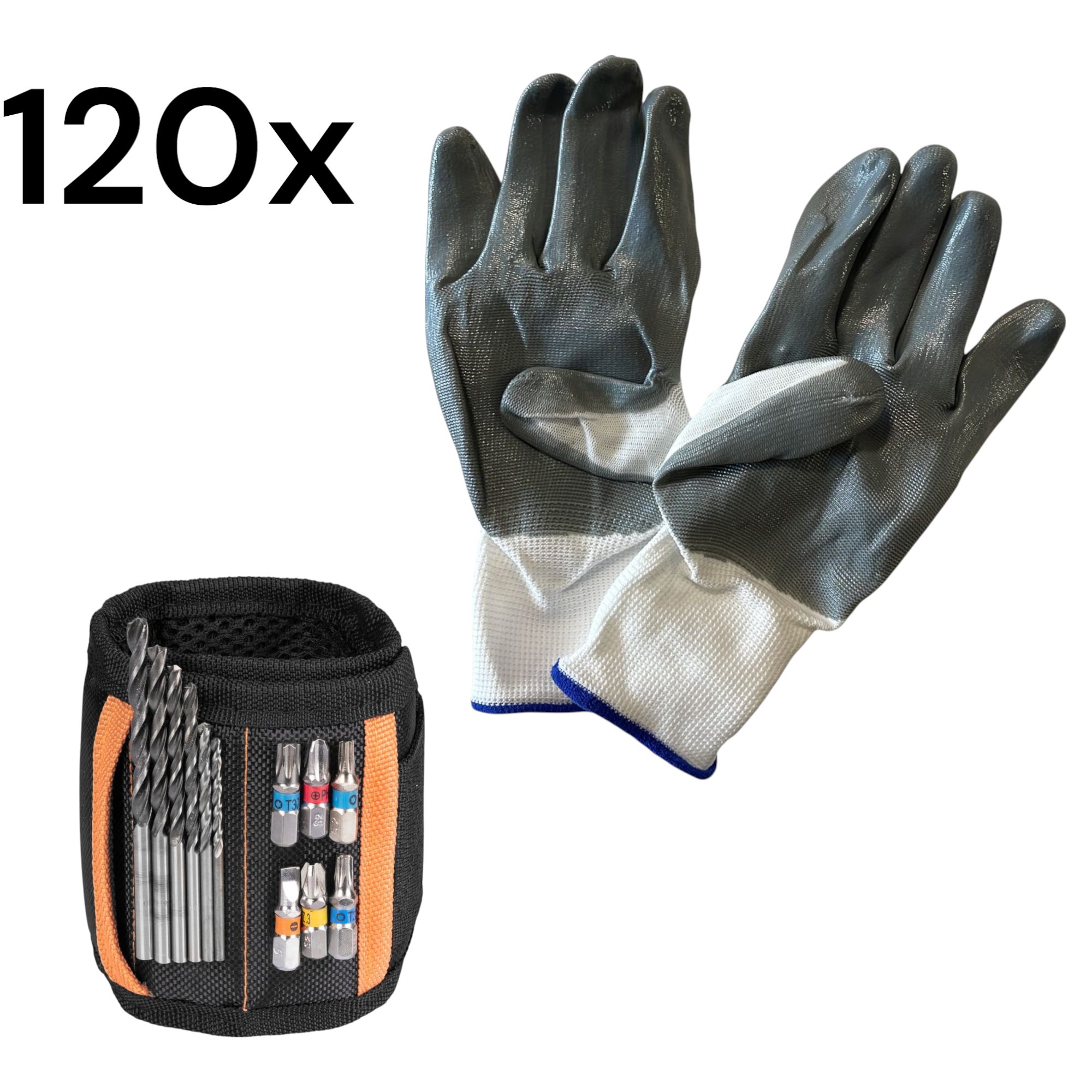 Arbeitshandschuhe 120 Paar K028(10) + Magnetisches Armband Werkzeughalter 1 ST