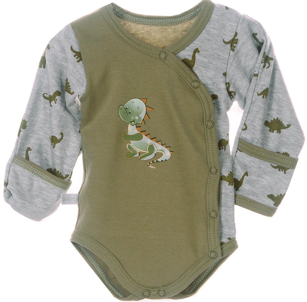 La Bortini Wickelbody Baby Body in Khaki mit Dino Aufdruck Langarmbody aus reiner Baumwolle, 44 50 56 62 68 74 80 86 92 98 104 110