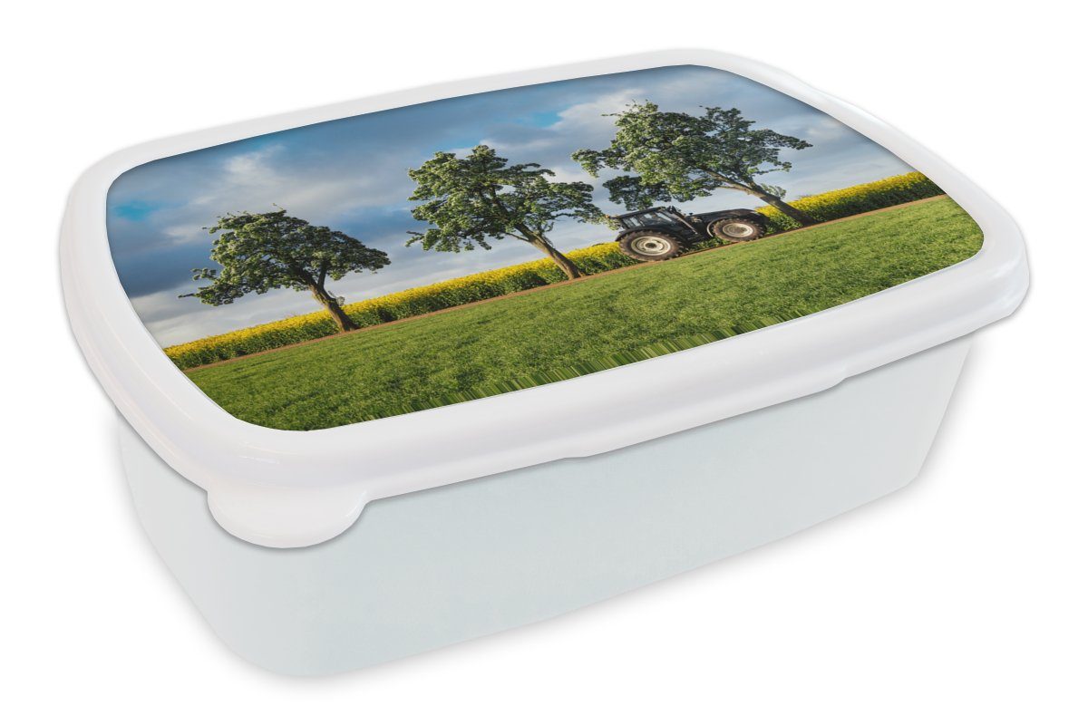 MuchoWow Lunchbox Traktor - Baum - Blumen, Kunststoff, (2-tlg), Brotbox für Kinder und Erwachsene, Brotdose, für Jungs und Mädchen weiß