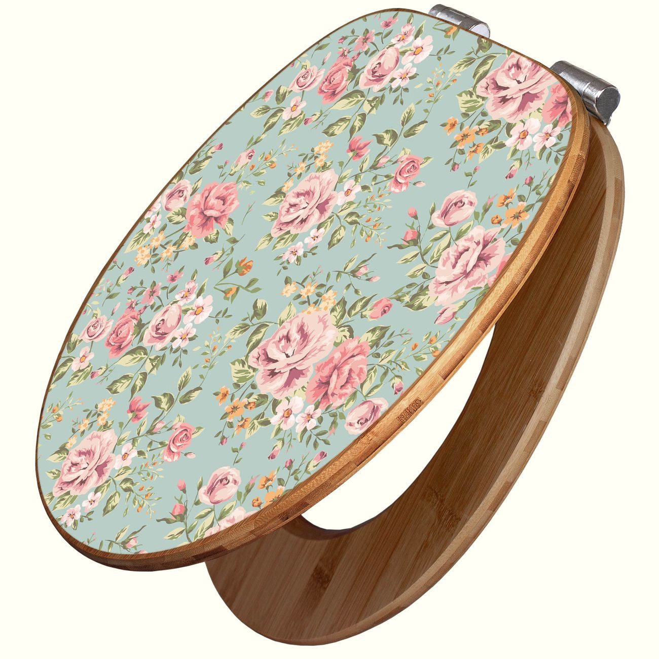 banjado WC-Sitz aus Bambus mit Absenkautomatik Motiv Altrosa Blume (umweltfreundliches Material, integrierte Absenkautomatik), 45,8 x 37,5 x 5 cm