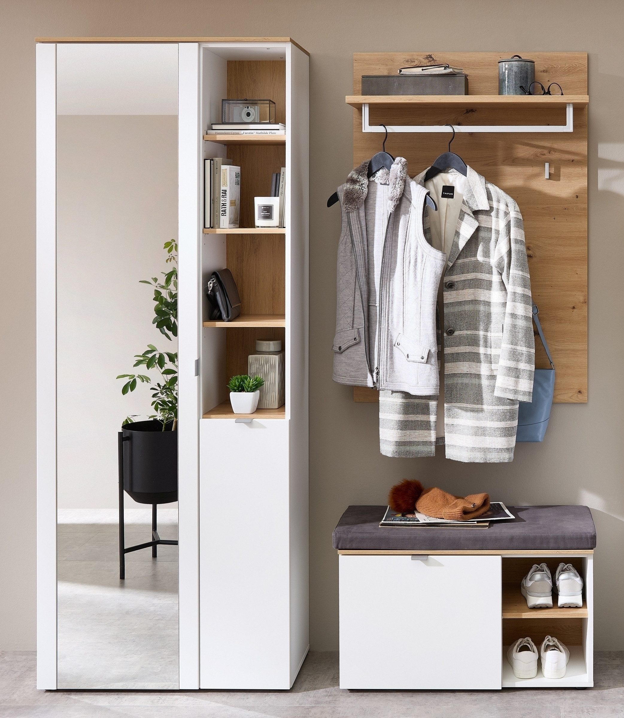 Garderoben-Set (3-teilig) weiss matt / Eiche - 158x202x38cm (BxHxT)