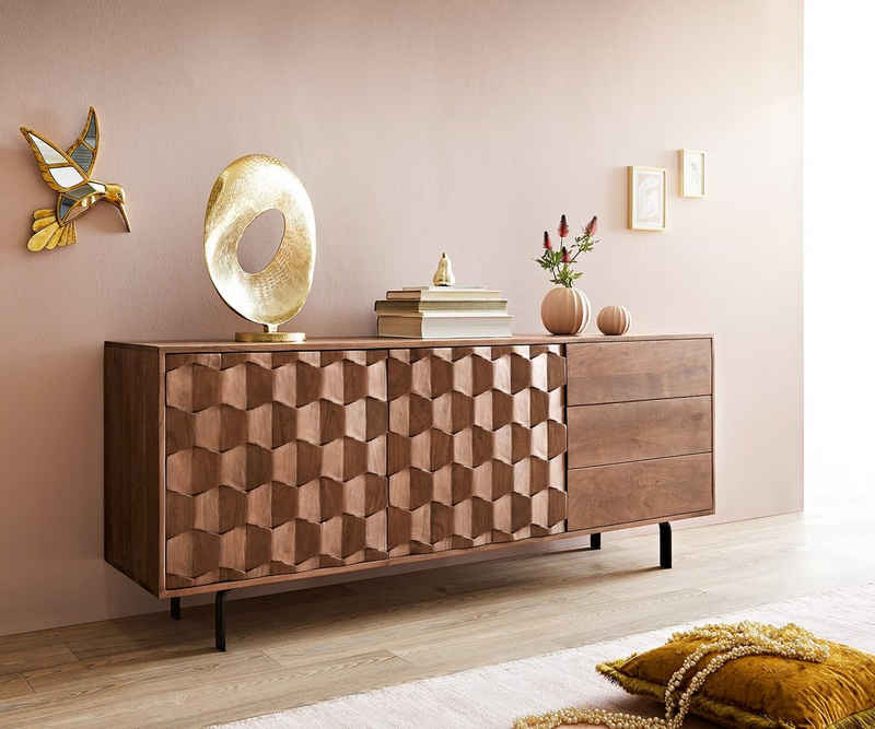 DELIFE Sideboard Fevo, Akazie Braun 175 cm 2 Türen 3 Schubfächer L-Fuß Sideboard