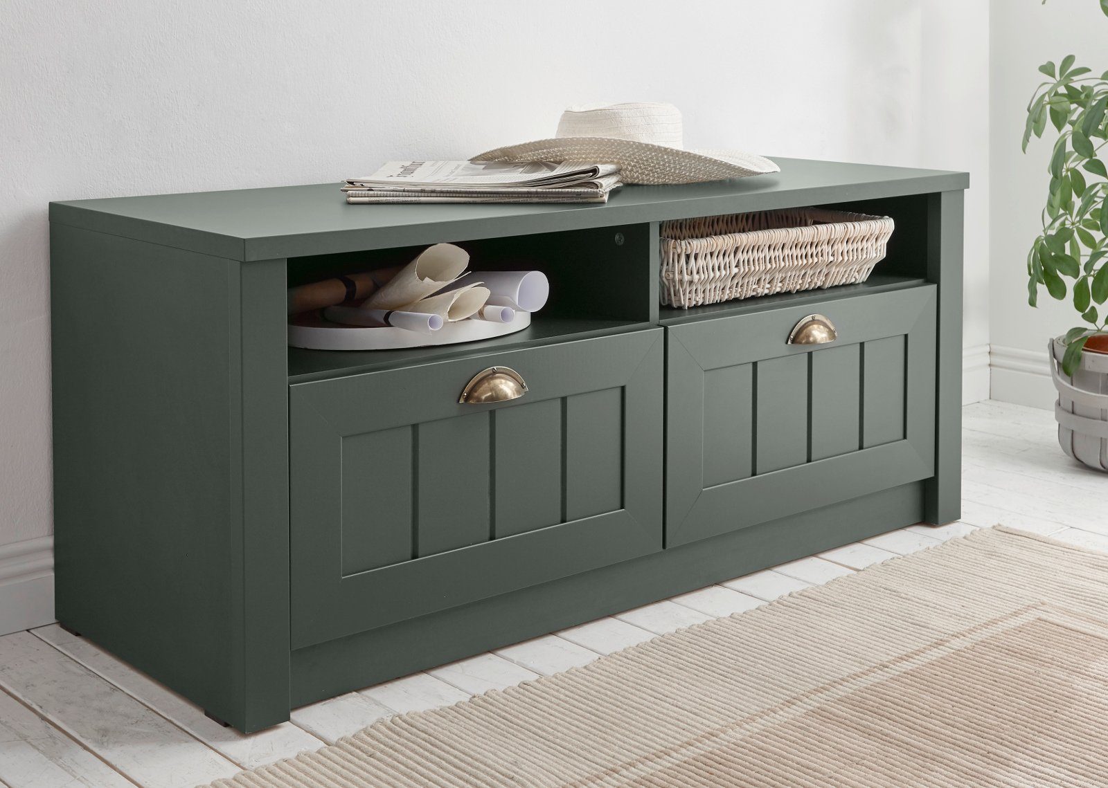 Furn.Design Schuhbank Forres (Garderobenbank in Landhaus grün, 110 x 47 cm), mit Schubladen
