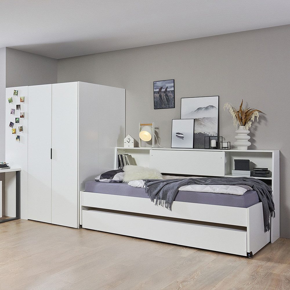 Lomadox Jugendzimmer-Set NOLI-43, (Sparset, 3-tlg., Bettgestell Bettschublade Eckkleiderschrank), weiß 120x200 cm Liegefläche begehbarer Schrank