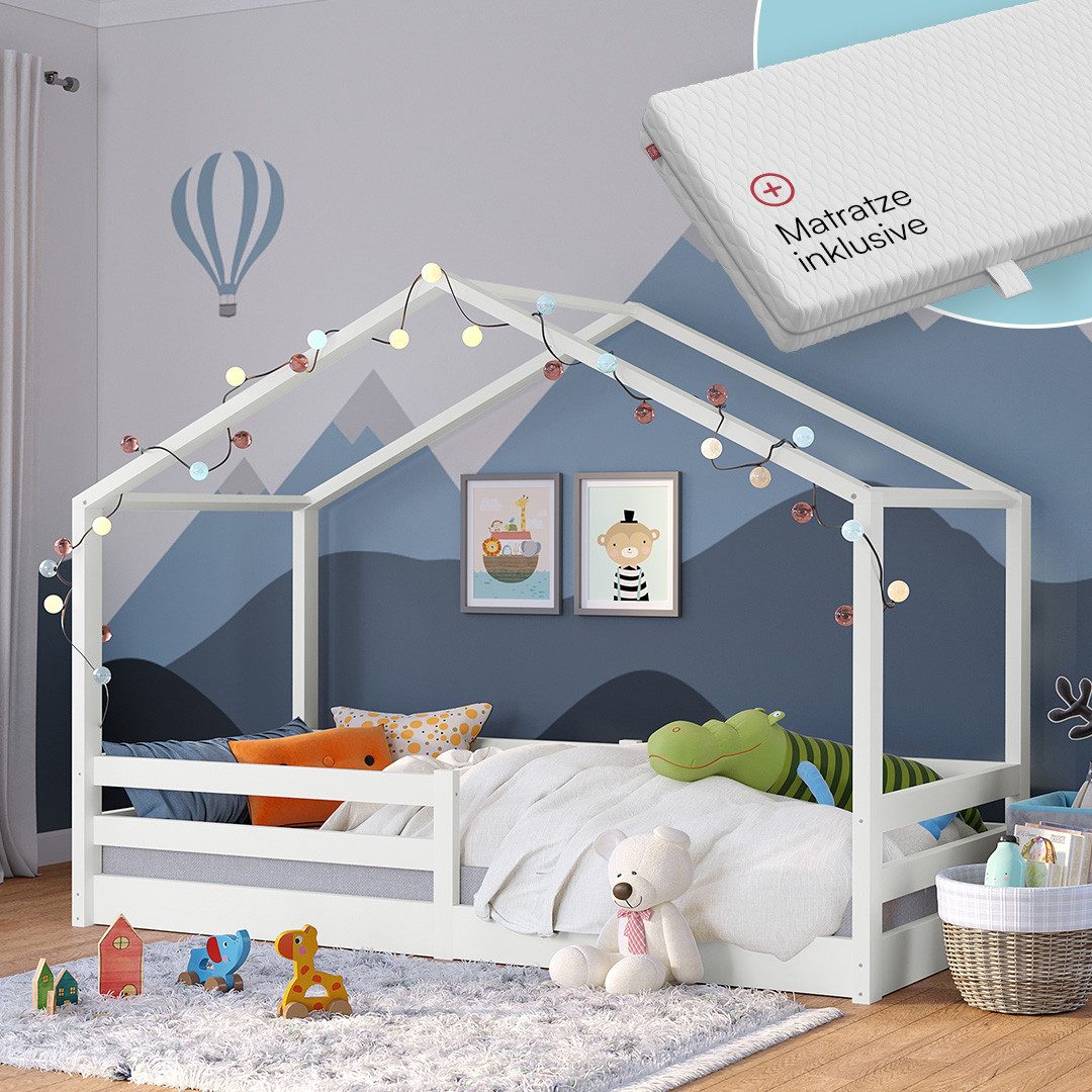 Bellabino Hausbett Abia mit Lattenrost und Rausfallschutz, 90x200 cm (weiß, günstig online kaufen