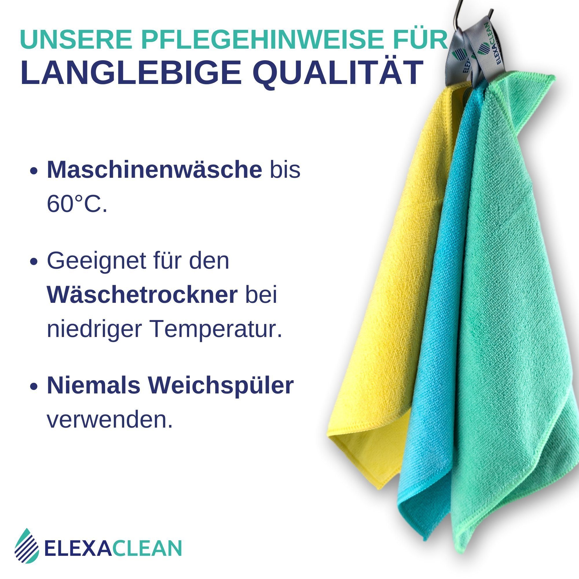 ELEXACLEAN Universal Reinigungstücher Mikrofasertuch (80% Polyester, 20% Polyamid (Mikrofaser), 30x30 cm, Set, 12-tlg., 30x30 cm, fusselfrei, streifenfrei, saug – Bild 4 von 5