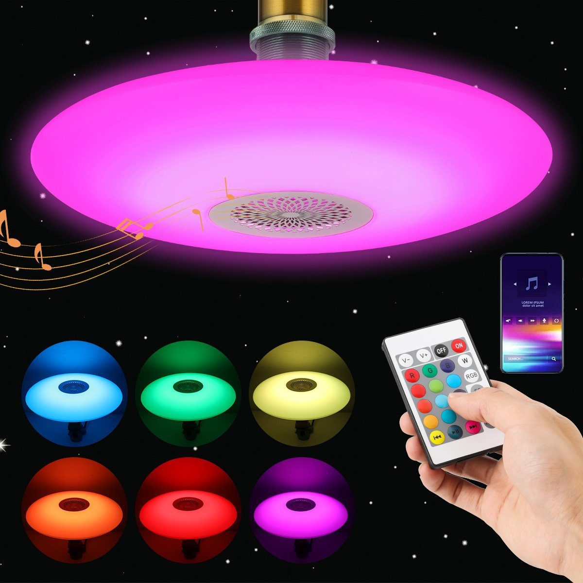 E27 Deckenlampe Glühbirne, Dimmbar Bluetooth Farbige LED mit Lautsprecher, Leuchtmittel, Deckenleuchte Fernbedienung RGB, LETGOSPT LED mit RGB integriert, Dimmbar fest 48W