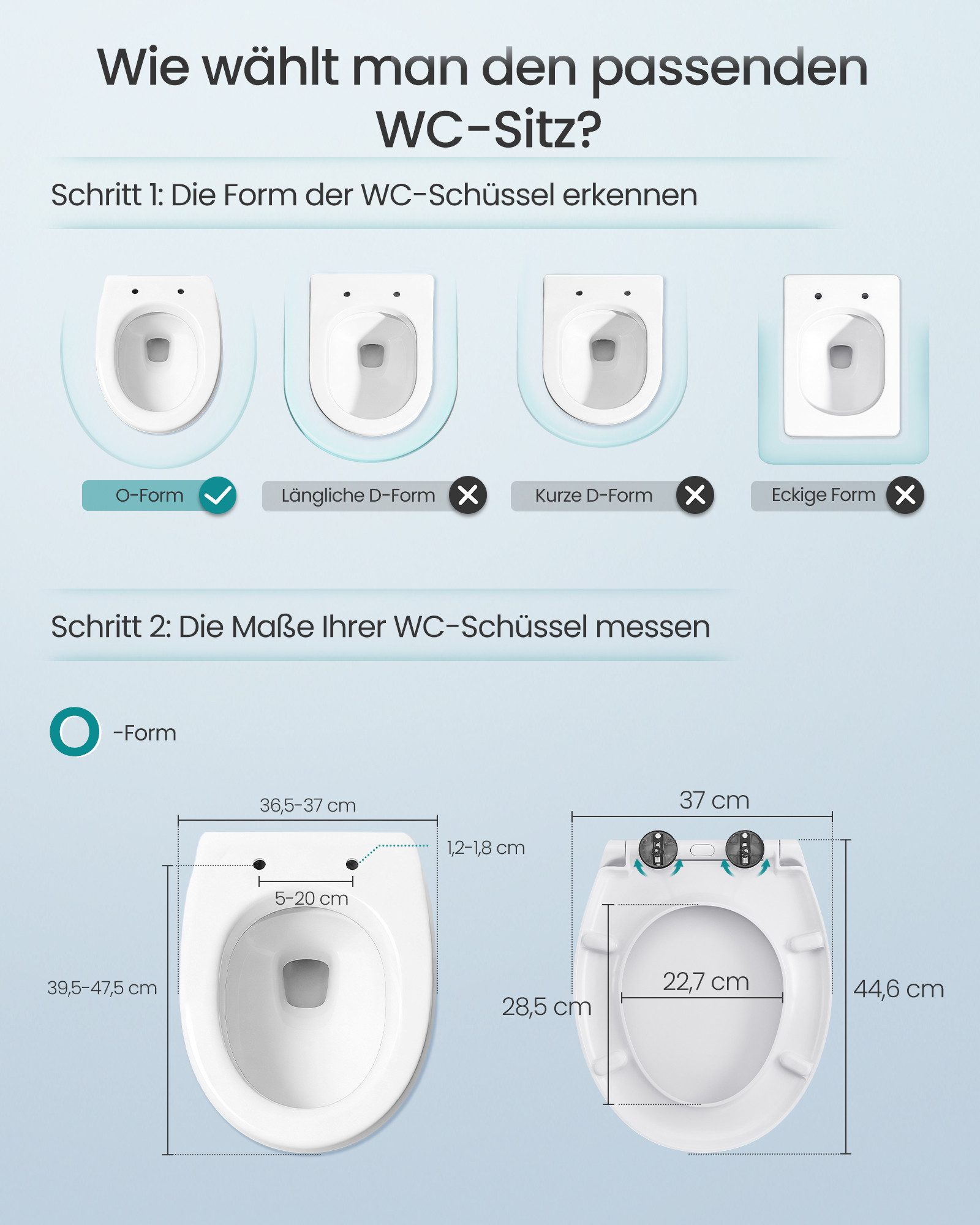 SONGMICS WC-Sitz Urea-Duroplast, belastbar mit 300 kg, O-Form D-Form, Absenkautomatik, abnehmbarer Toilettendeckel, Griff, einfache Montage