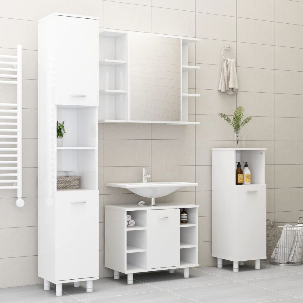 vidaXL Badezimmer-Set Badezimmerschrank Hochglanz-Weiß 30x30x179 Holzwerkstoff, cm (1-St)