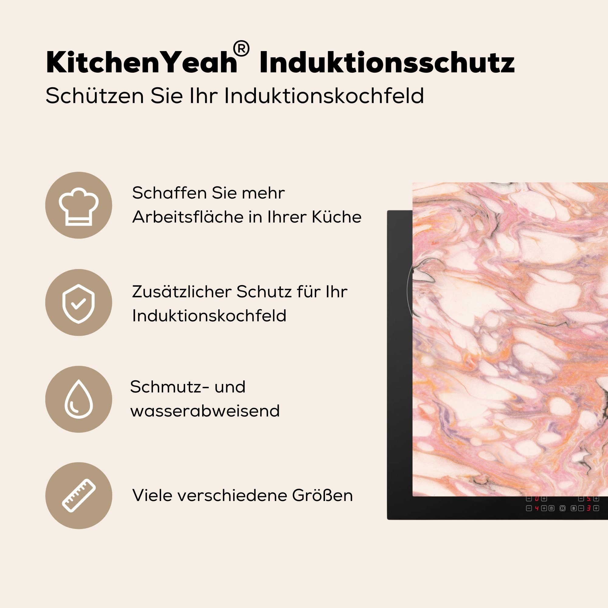 MuchoWow Herdblende-/Abdeckplatte tlg), Vinyl, 81x52 für Lila, küche, Ceranfeldabdeckung Orange Marmor - Induktionskochfeld (1 cm, - die Schutz