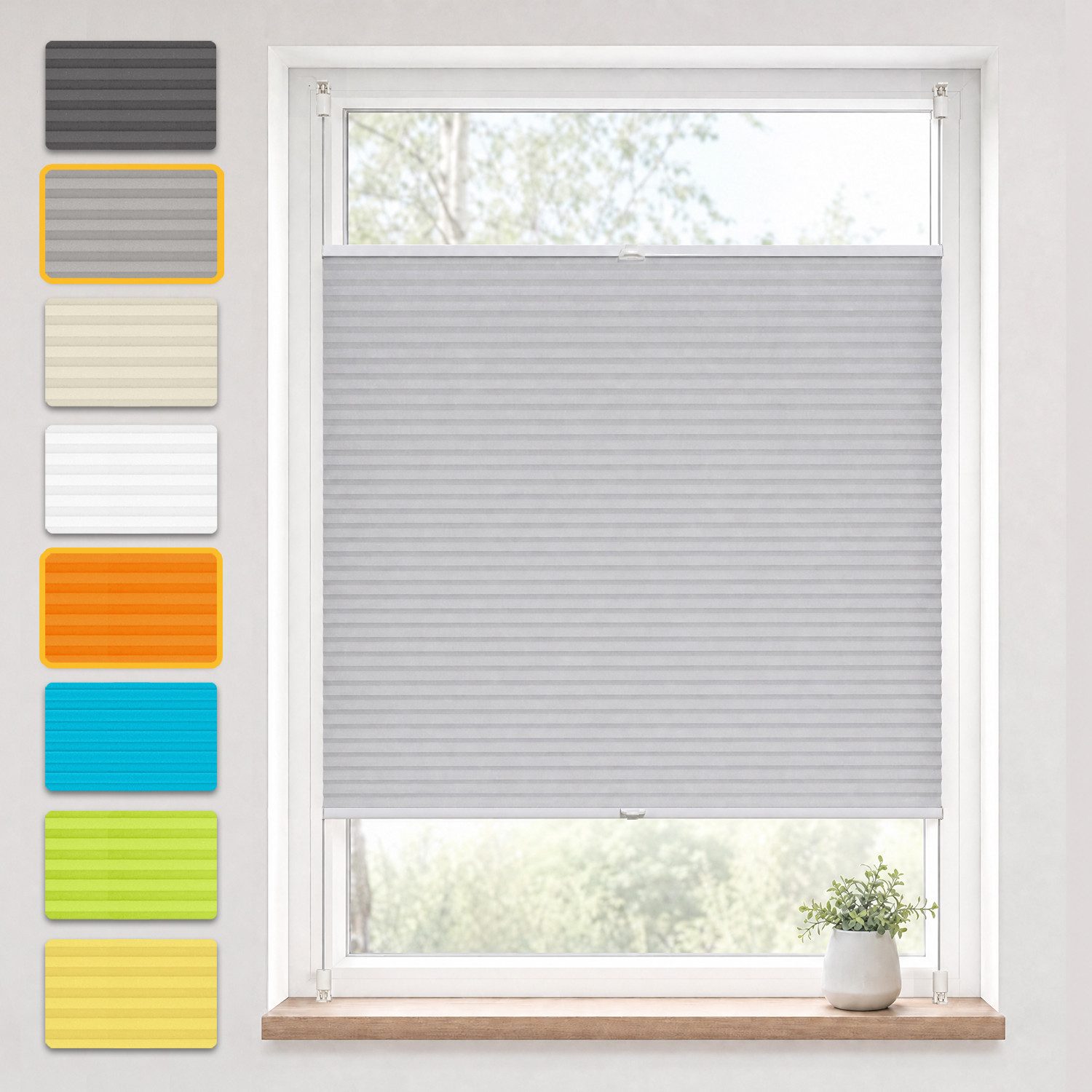 OUBO Plissee ohne Bohren Klemmfix, Sichtschutz und Sonnenschutz, Klemmträger, Lichtdurchlässig Rollo für Fenster & Tür, Klemmfix, mitgelieferten, verstellbaren Klemmträger