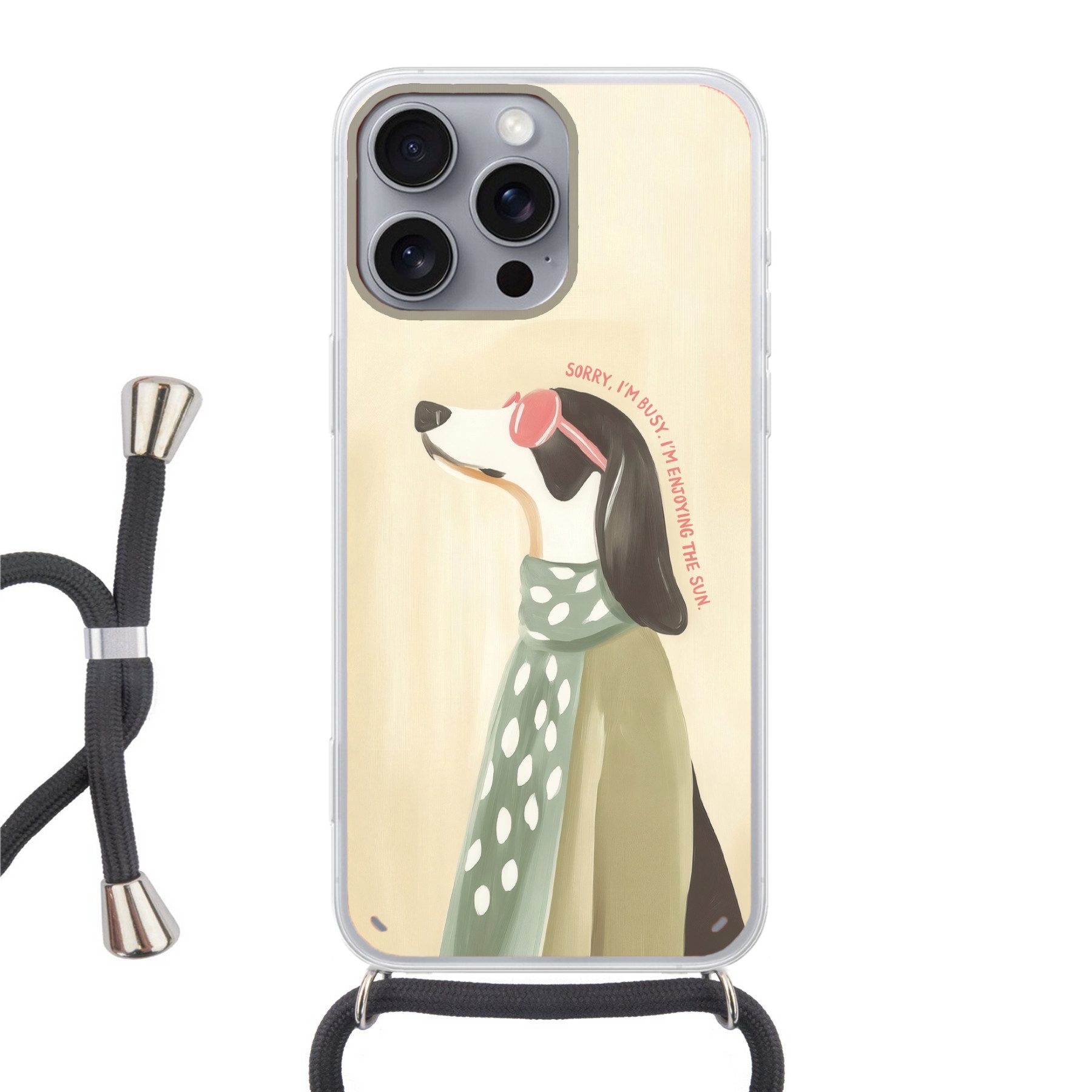 MuchoWow Handyhülle für Apple iPhone 16 Pro Max Zitat - Hund - Sonnenbrille, Tragbare Handyhüllen mit Kette zum umhängen, Handykette Handyband
